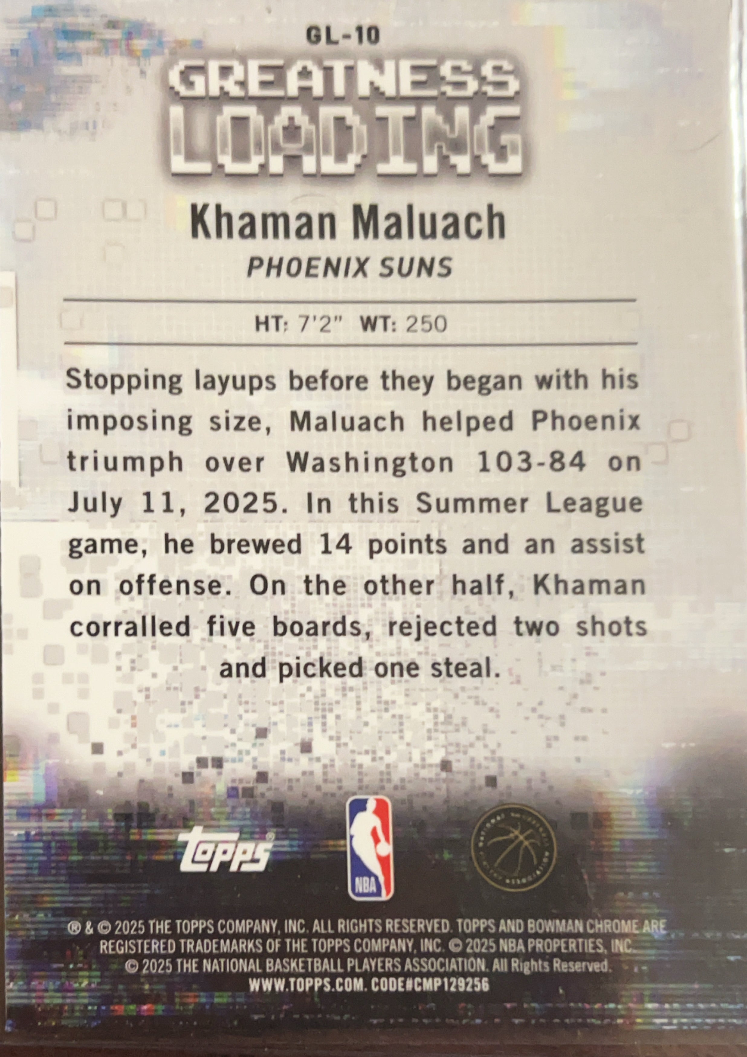 2025 Topps Bowman Chrome Greatness Loading Khaman Maluach #GL-10 RC