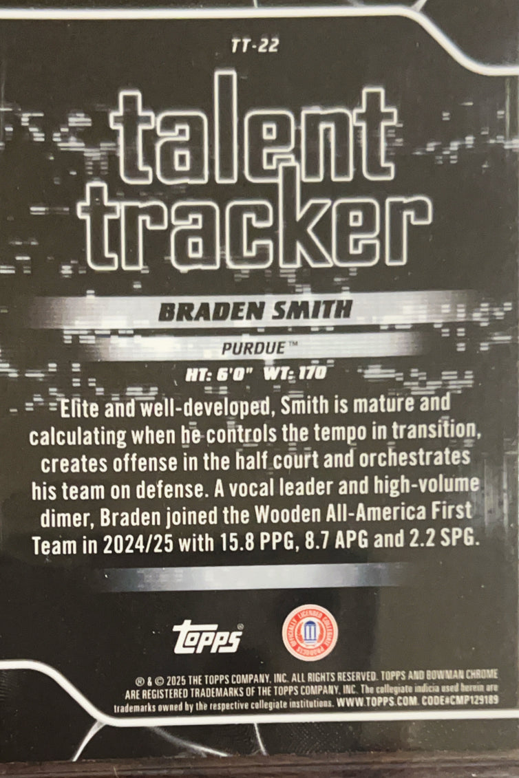 2025 Bowman Chrome University Talent Tracker Braden Smith #TT-22