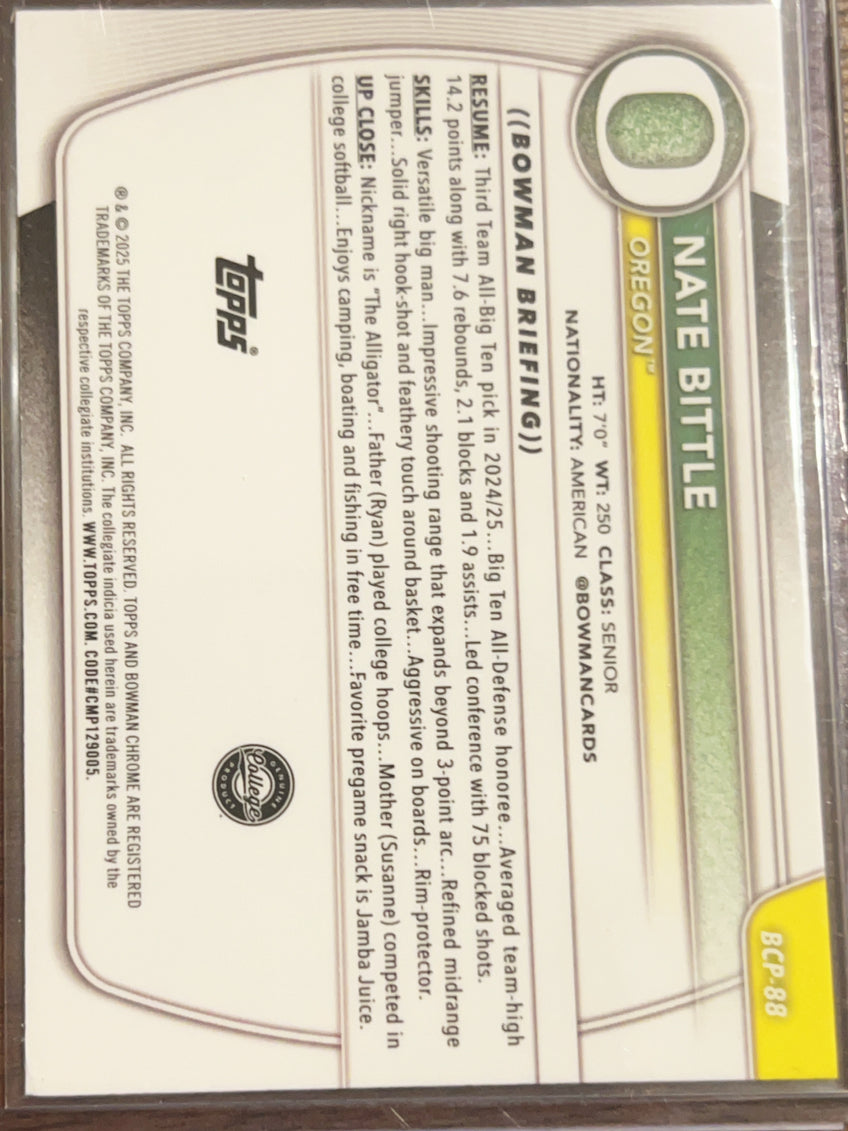 2025 Bowman Chrome University Nate Bittle #BCP-88 1st Bowman