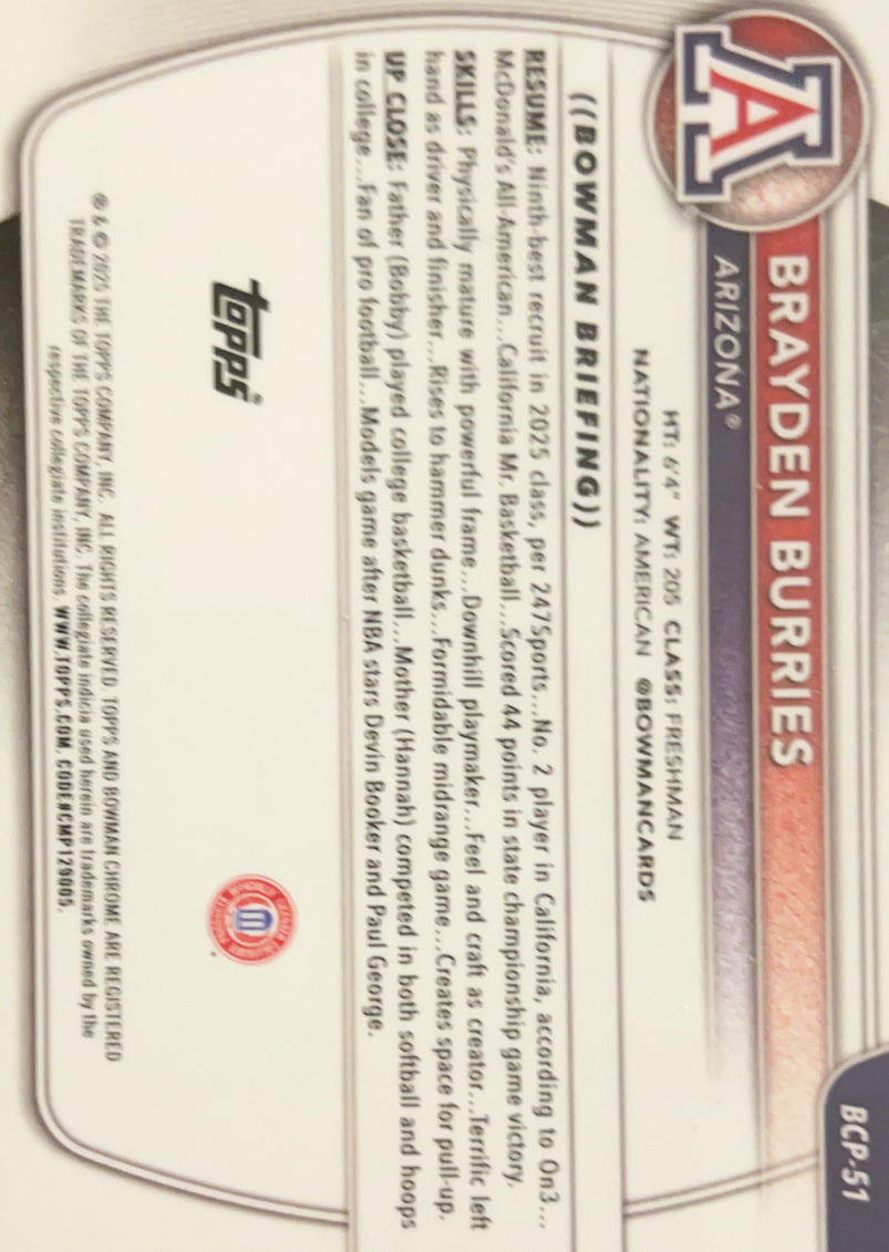 2025 Bowman Chrome University Brayden Burries #BCP-51 1st Bowman