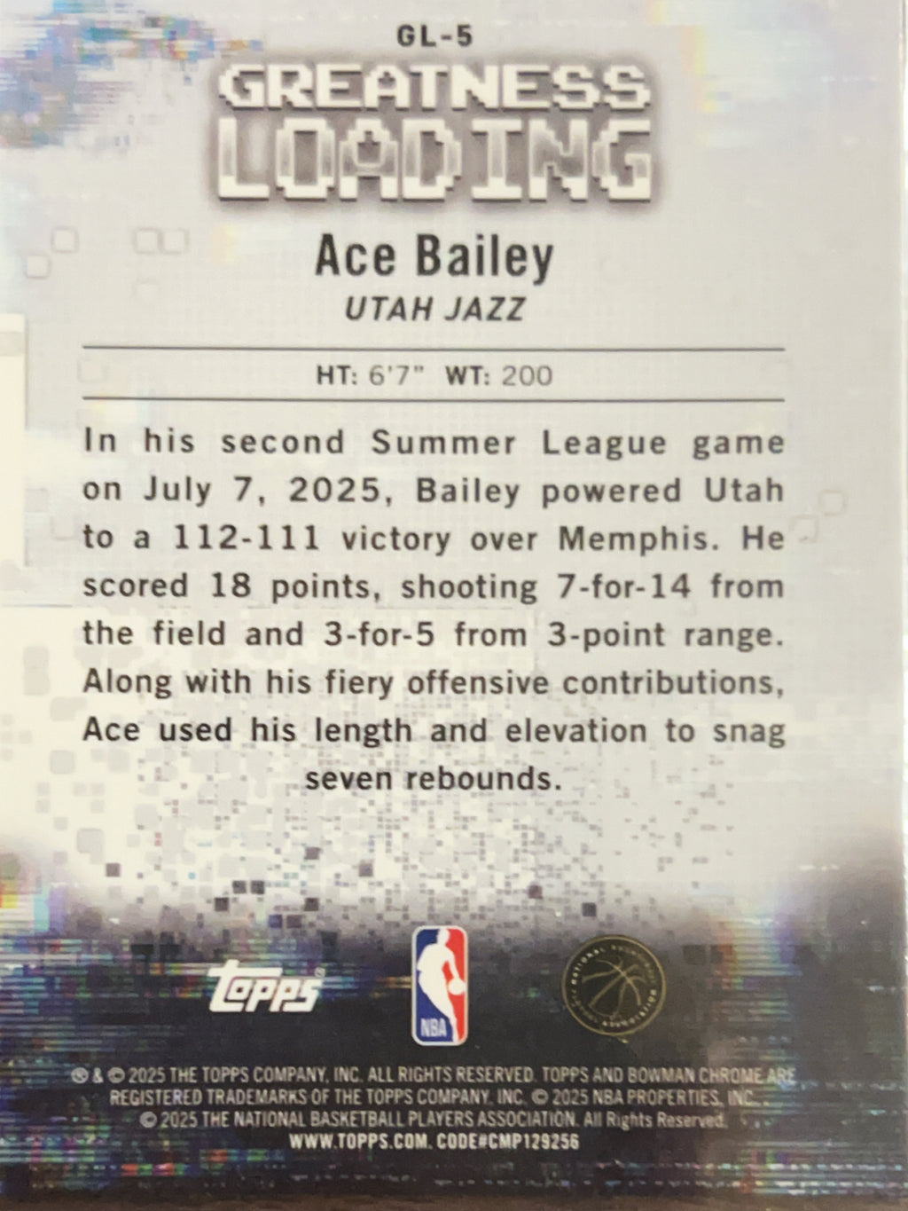 2025 Bowman Chrome Greatness Loading Ace Bailey #GL-5 RC