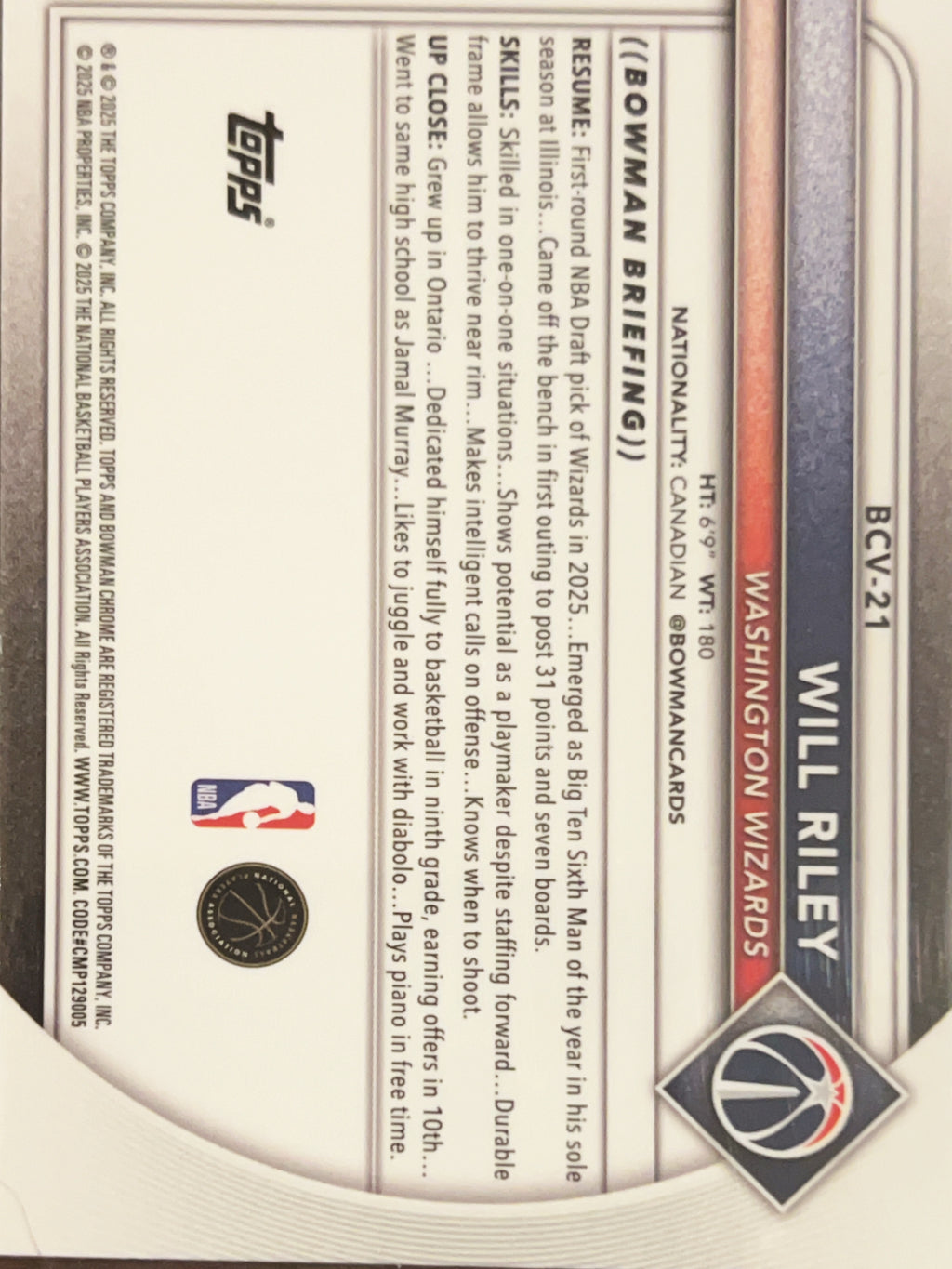 2025 Bowman Chrome Will Riley #BCV-21 RC