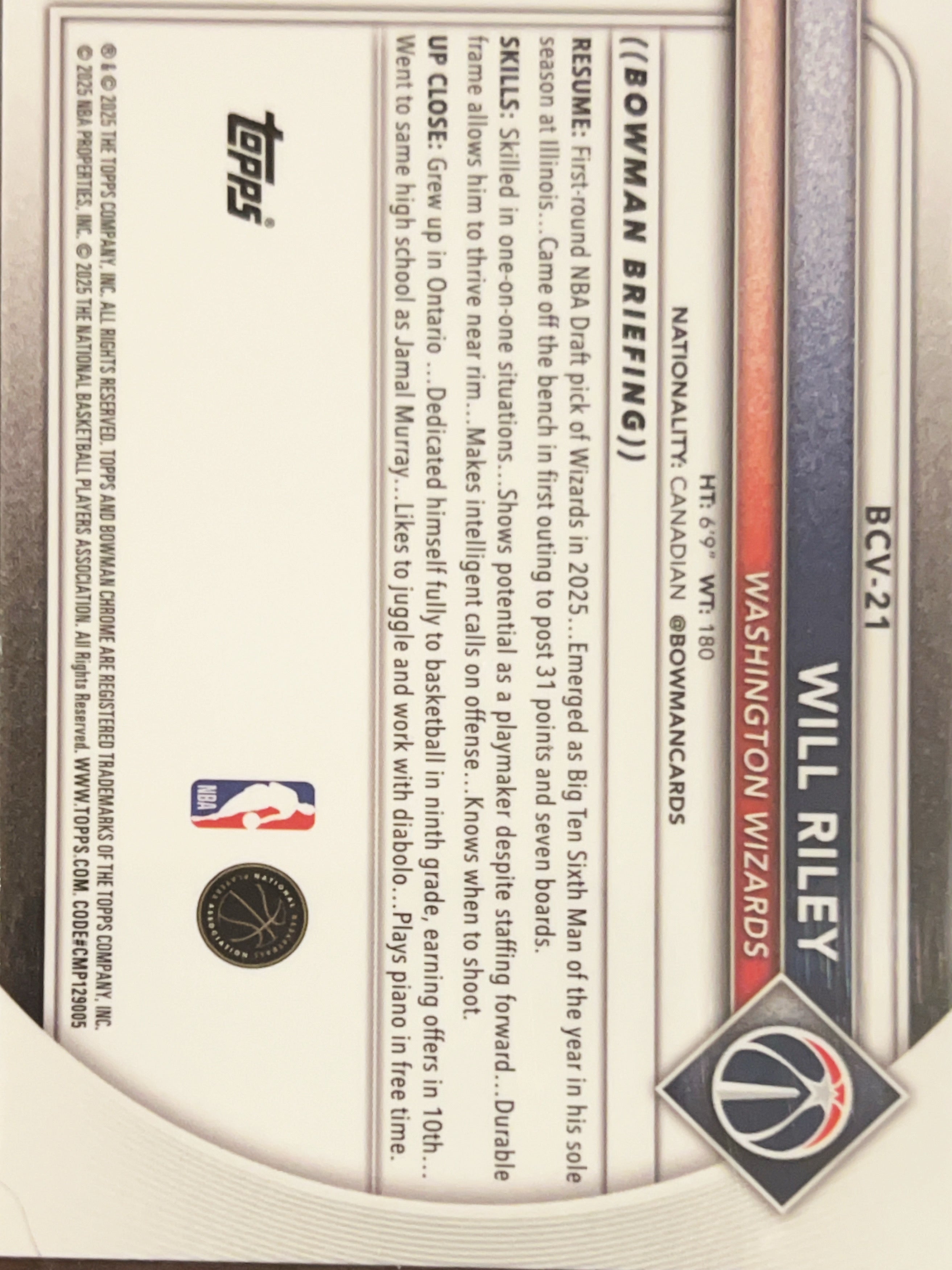2025 Bowman Chrome Will Riley #BCV-21 RC