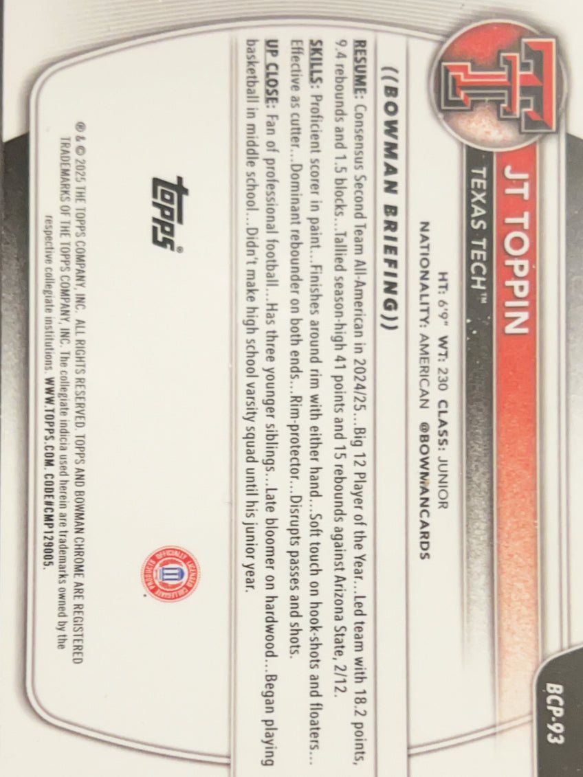 2025 Bowman Chrome University JT Toppin #BCP-93 1st Bowman