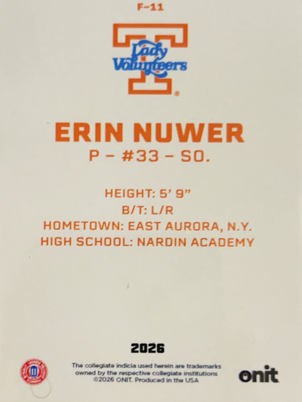 2026 ONIT Tennessee Lady Volunteers Erin Nuwer #F-11
