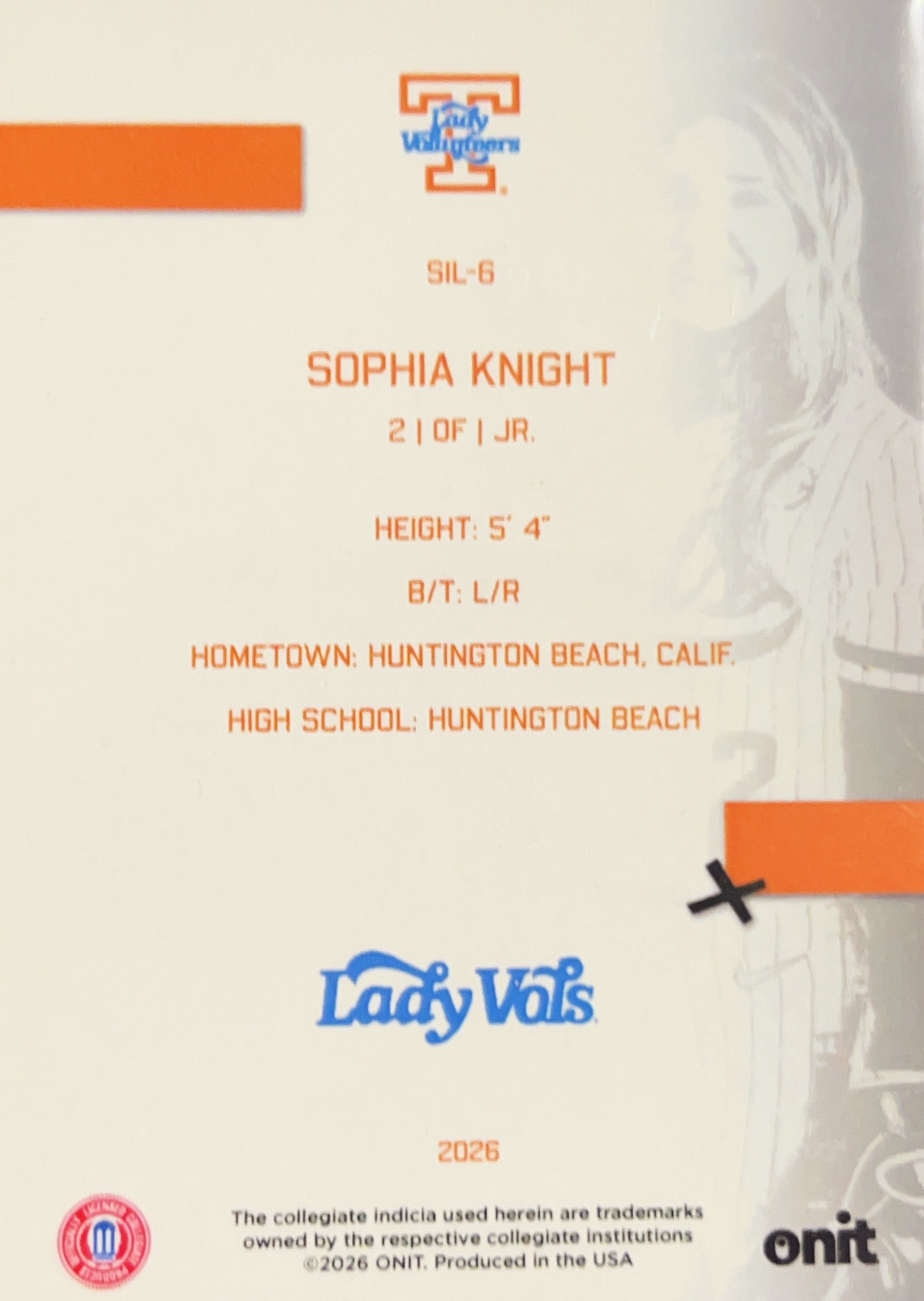 2026 ONIT Tennessee Lady Vols Softball Sophia Knight #SIL-6
