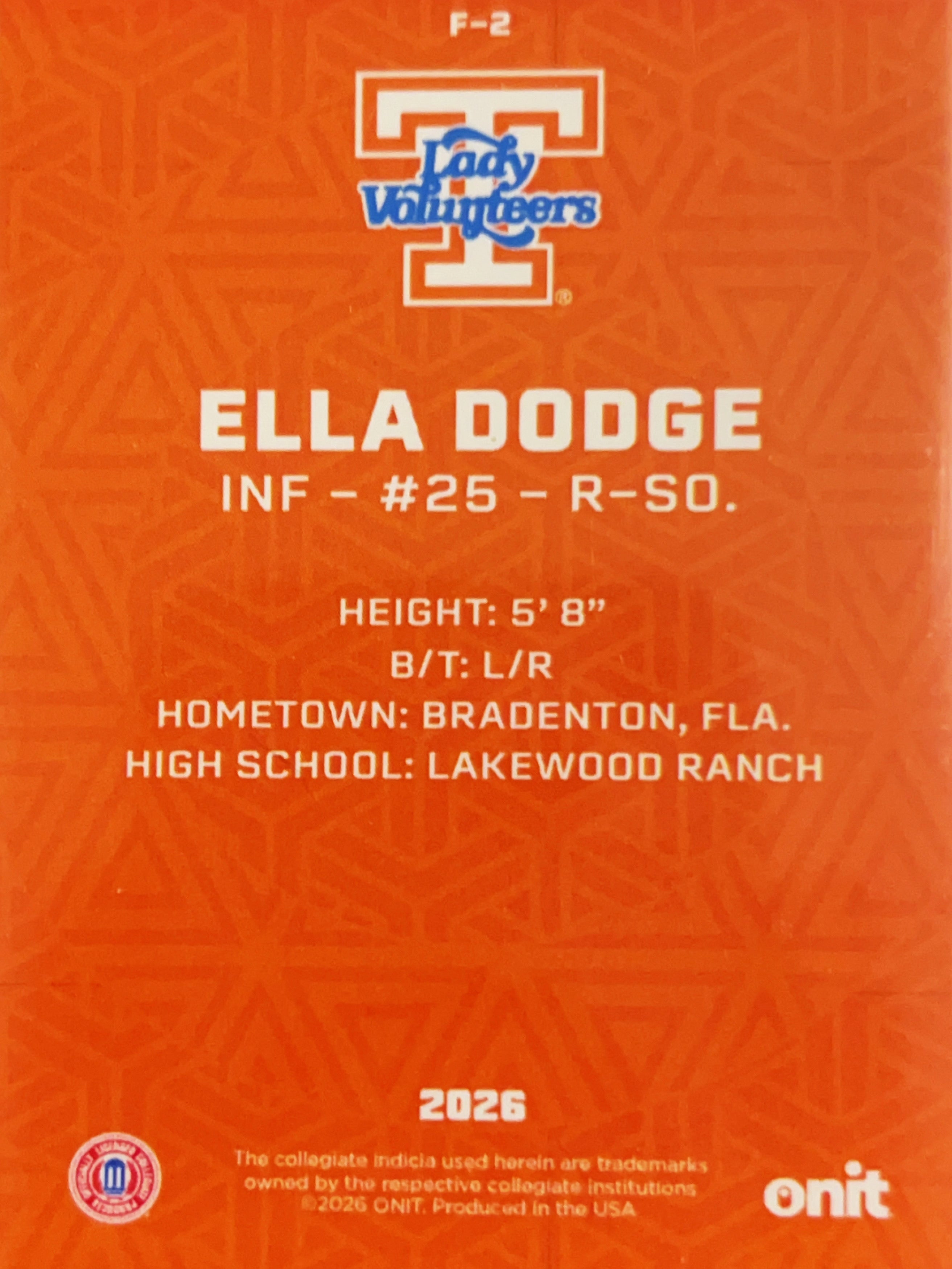 2026 ONIT Tennessee Lady Volunteers Ella Dodge #F-2
