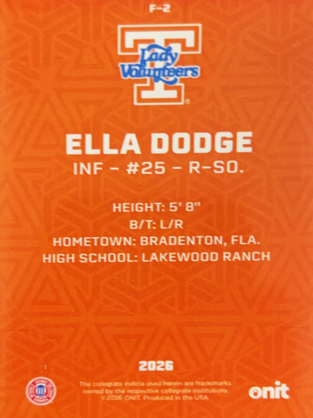 2026 ONIT Tennessee Lady Volunteers Ella Dodge #F-2