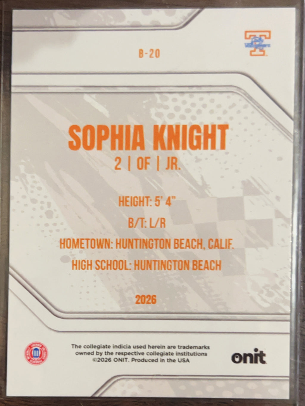 2026 ONIT Tennessee Lady Volunteers Sophia Knight #B-20 Silver Foil /49