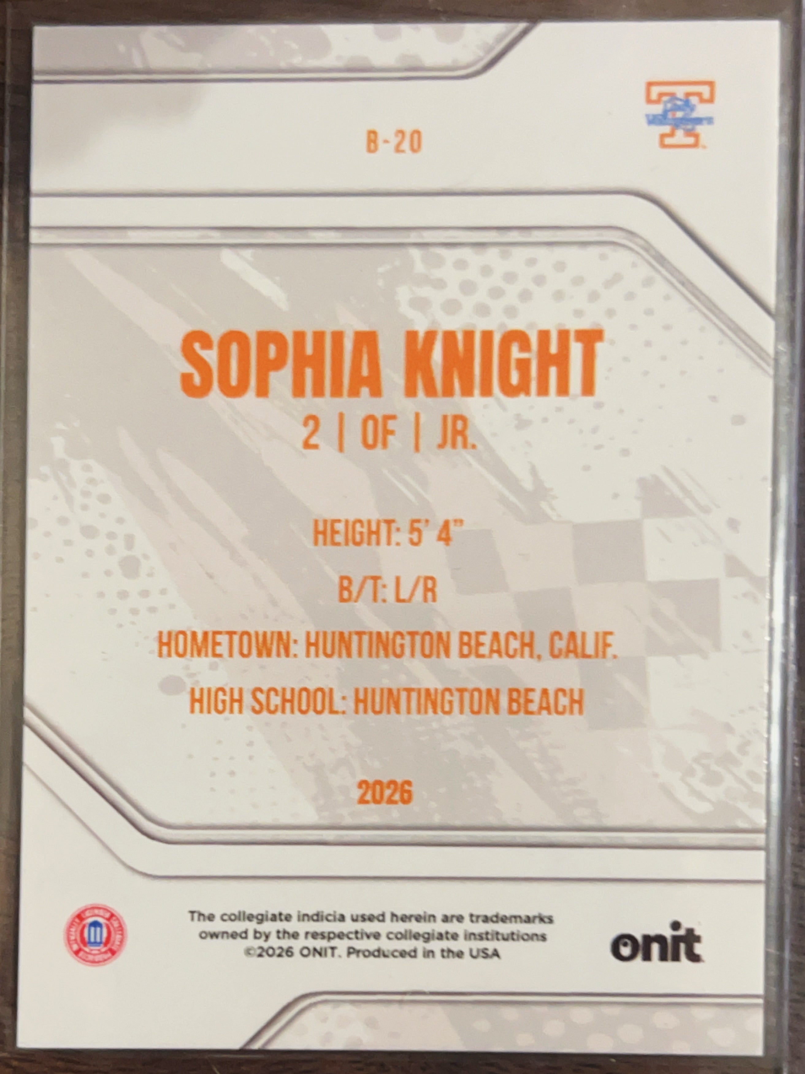 2026 ONIT Tennessee Lady Volunteers Sophia Knight #B-20 Silver Foil /49