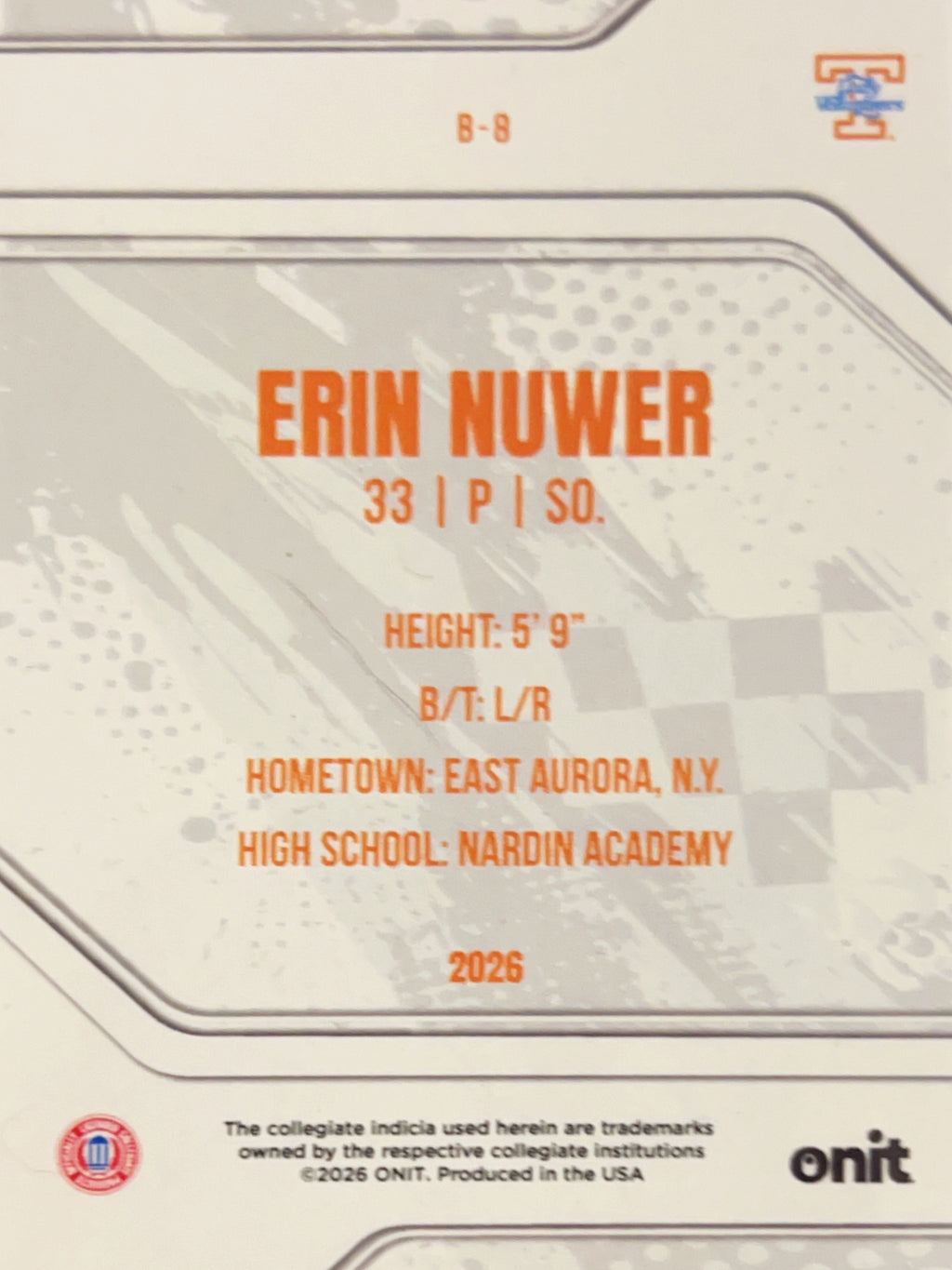 2026 ONIT Tennessee Lady Vols Softball Erin Nuwer #B-8