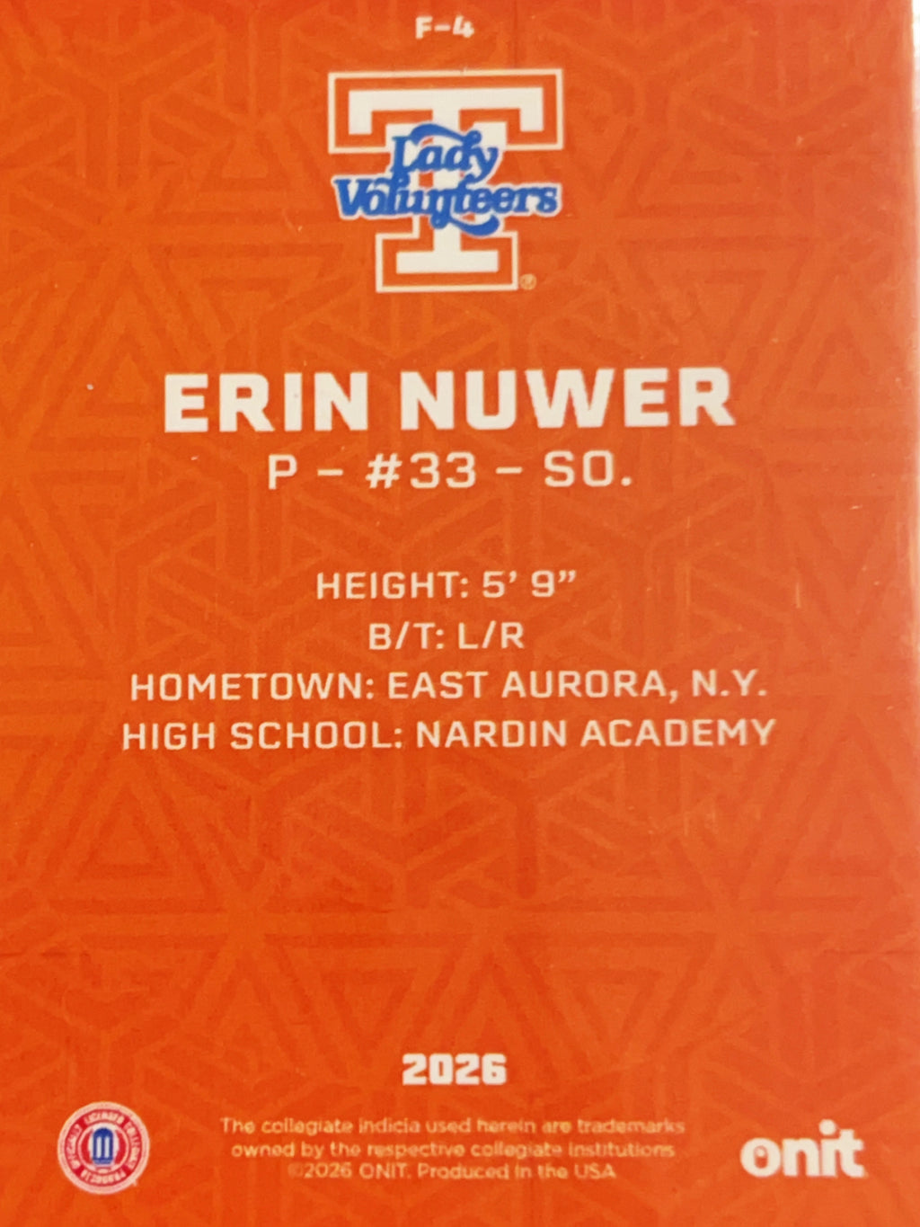 2026 ONIT Tennessee Lady Volunteers Erin Nuwer #F-4