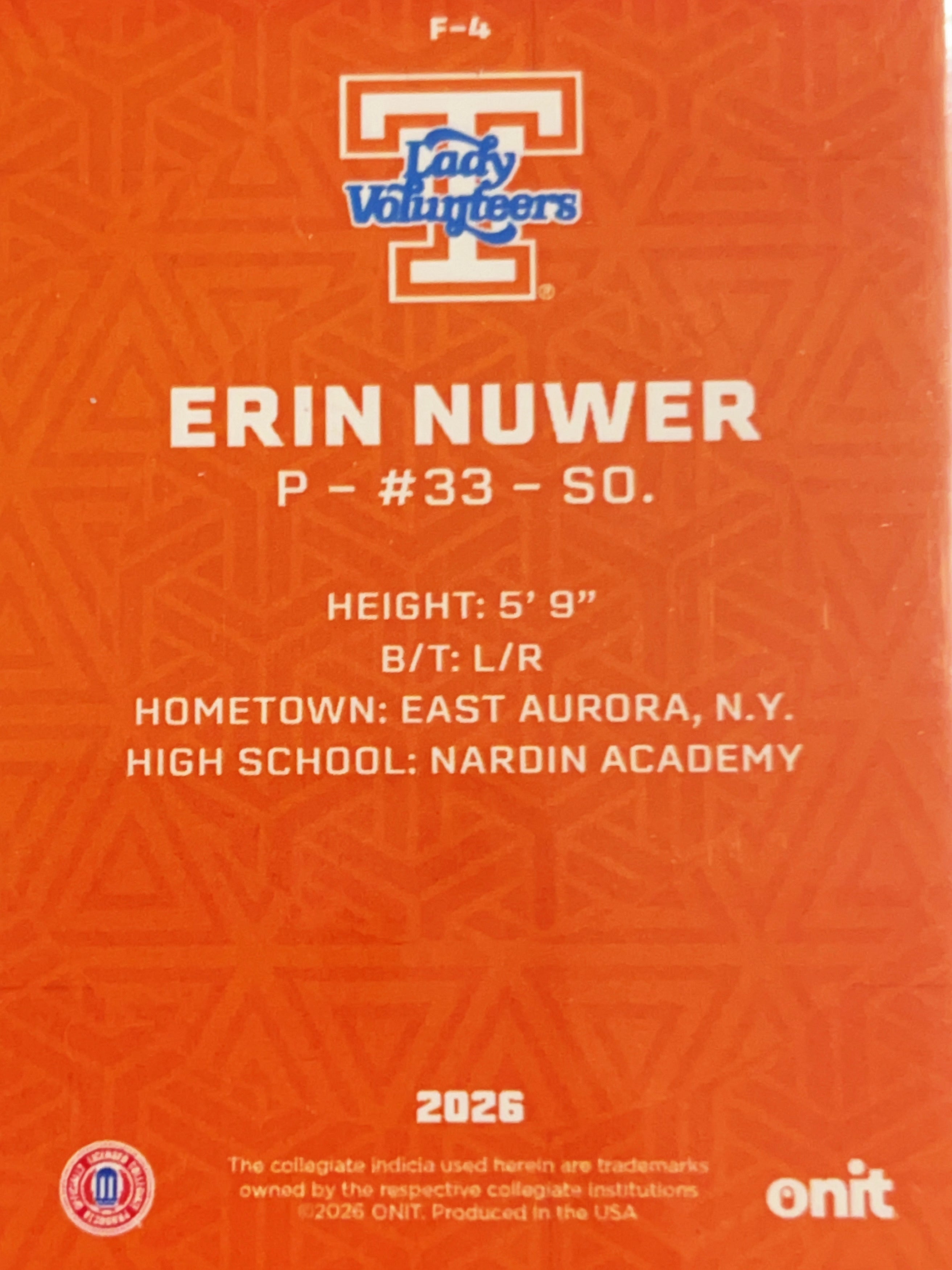 2026 ONIT Tennessee Lady Volunteers Erin Nuwer #F-4