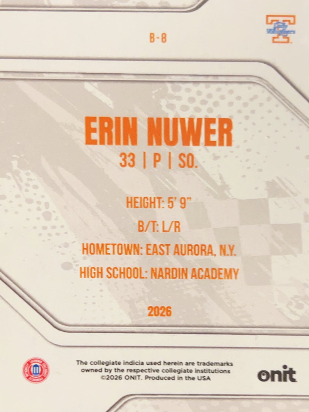 2026 ONIT Tennessee Lady Volunteers Erin Nuwer #B-8 Purple Sparkle