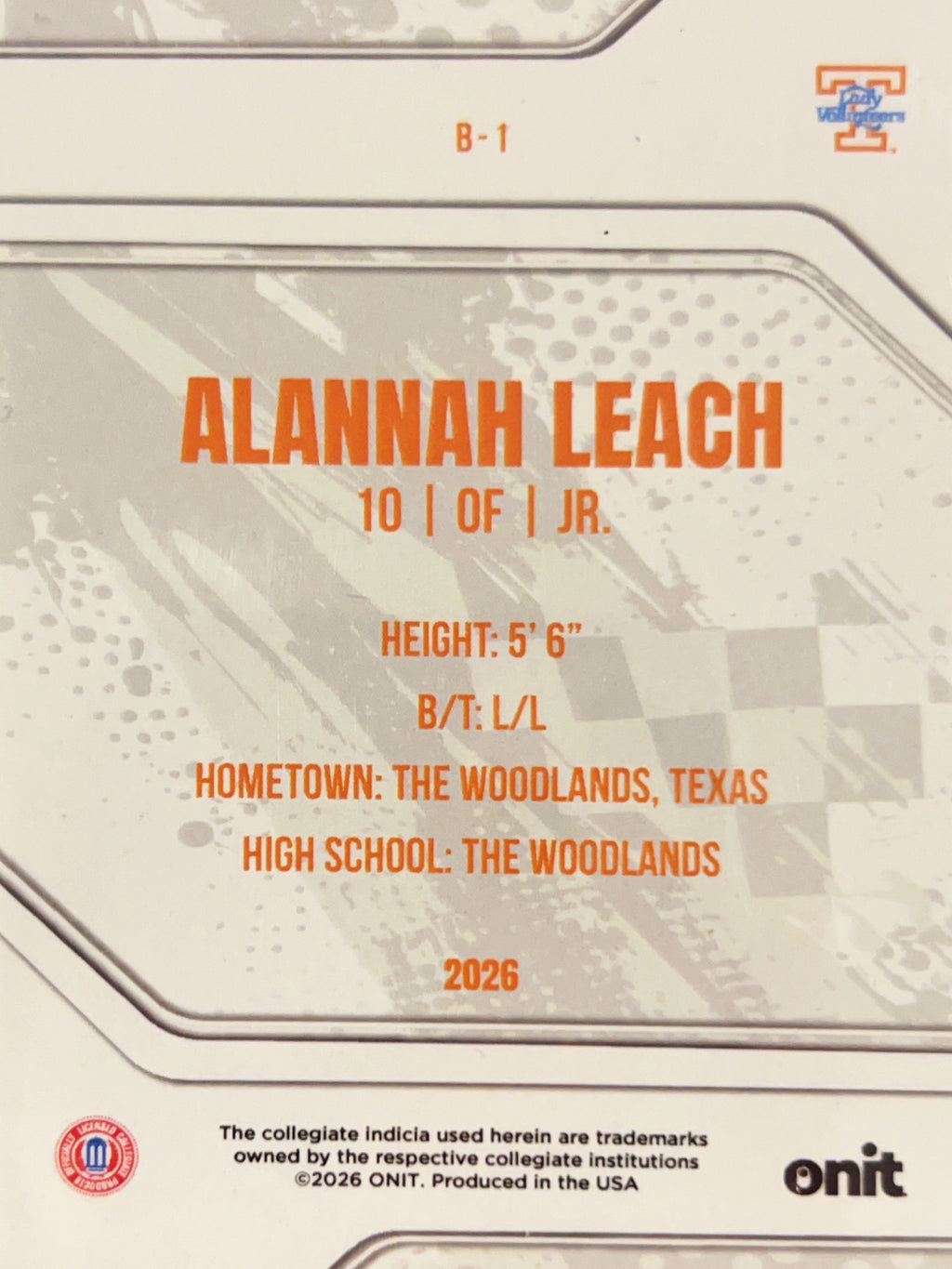 2026 ONIT Tennessee Lady Vols Alannah Leach #B-1