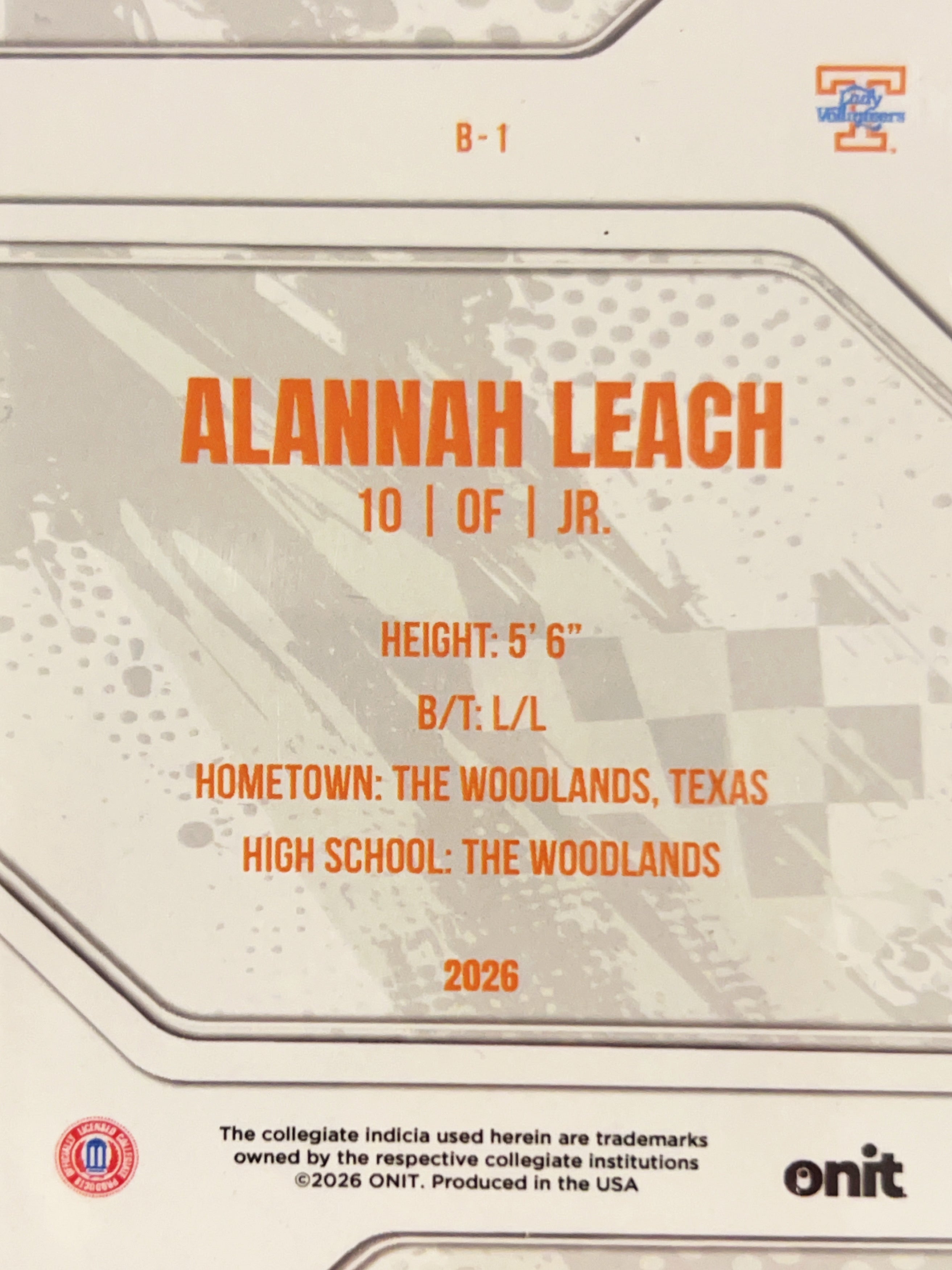 2026 ONIT Tennessee Lady Vols Alannah Leach #B-1
