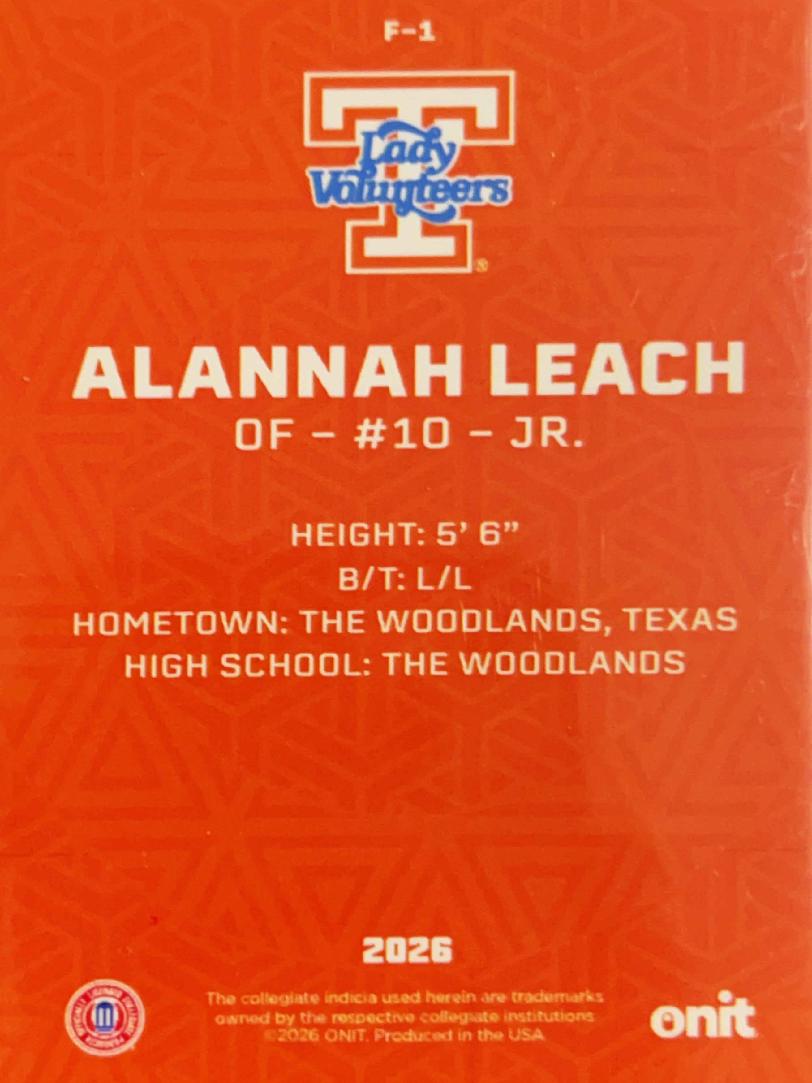 2026 ONIT Tennessee Lady Volunteers Alannah Leach #F-1