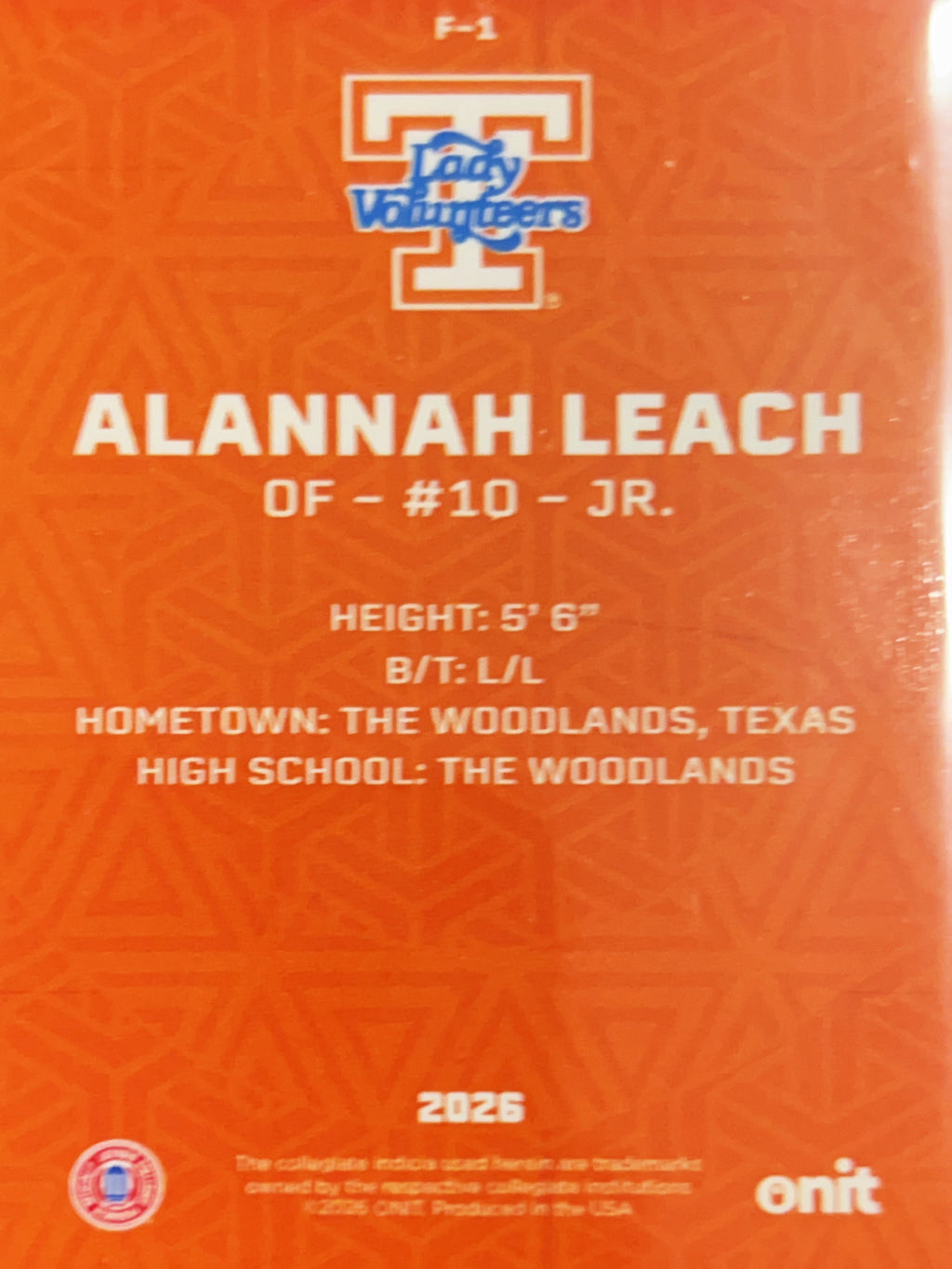 2026 ONIT Tennessee Lady Volunteers Softball Alannah Leach #F-1