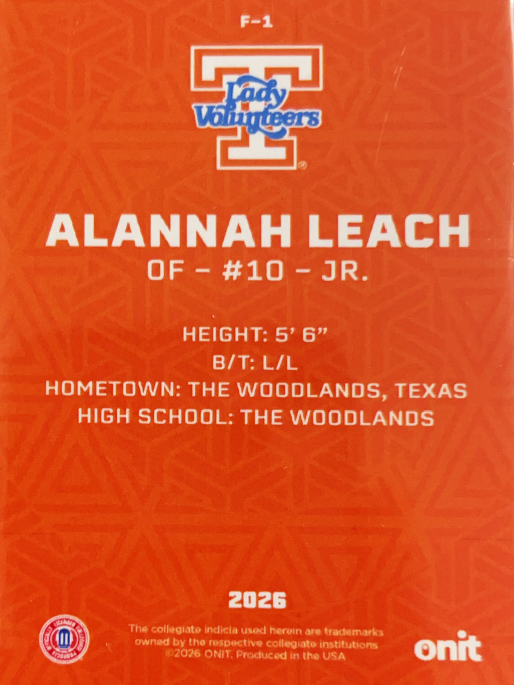 2026 ONIT Tennessee Lady Volunteers Softball Alannah Leach #F-1