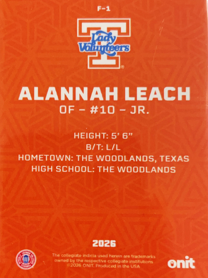 2026 ONIT Tennessee Lady Volunteers Softball Alannah Leach #F-1