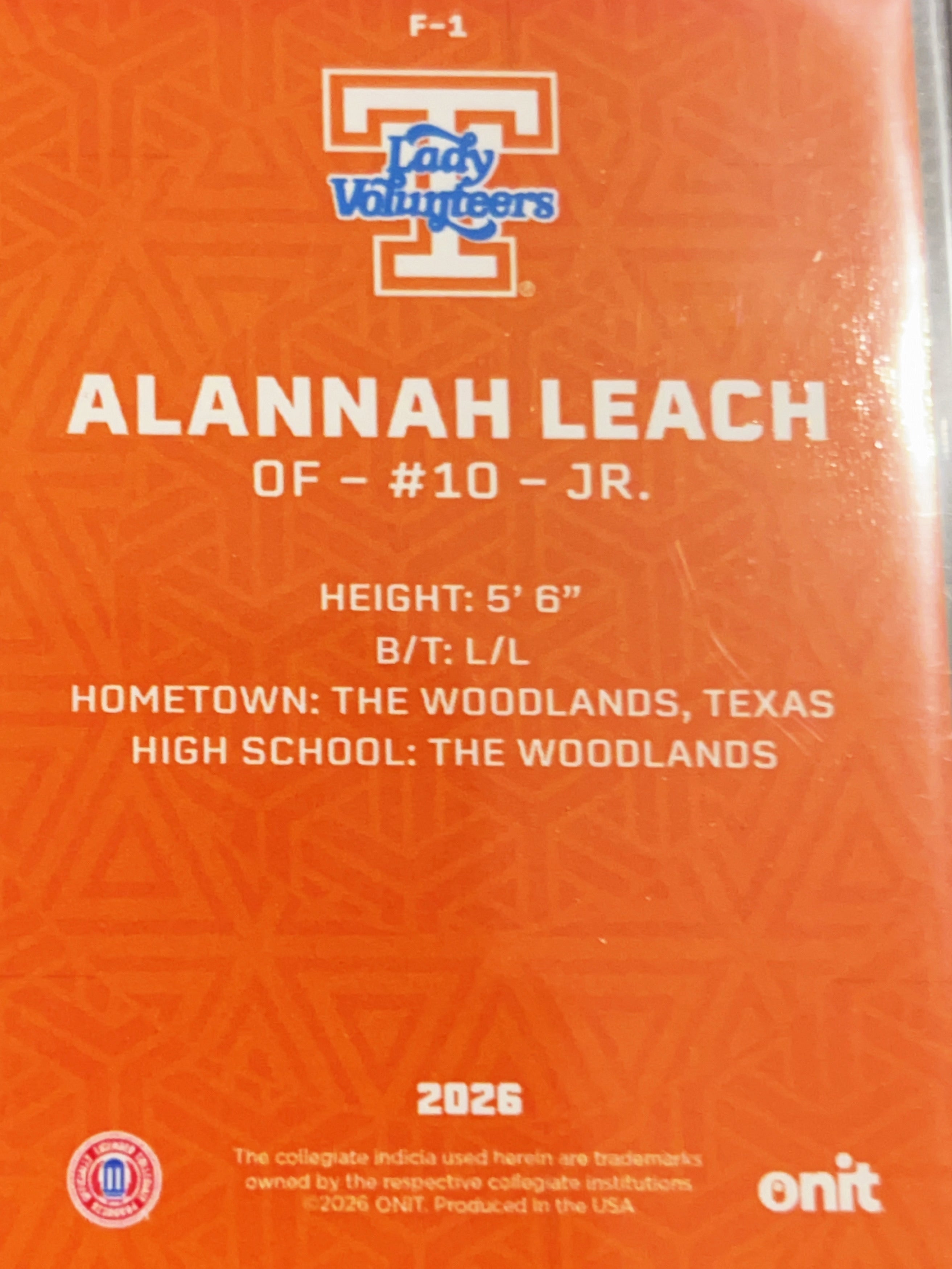 2026 ONIT Tennessee Lady Volunteers Alannah Leach #F-1