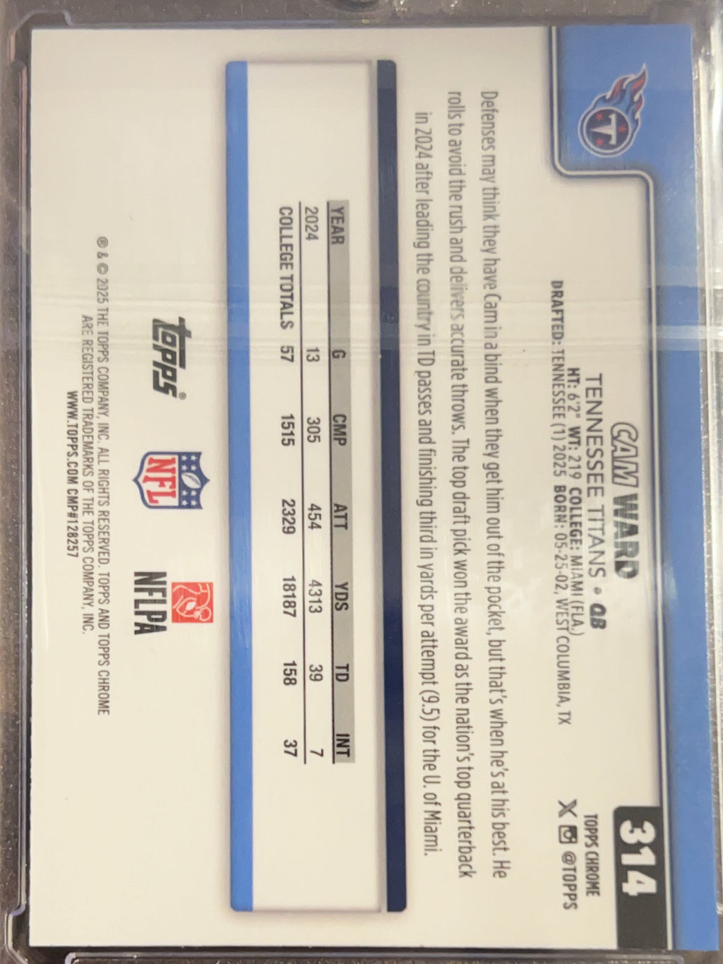 2025 Topps Chrome Cam Ward #314 Blue Leather Prizm /150 RC
