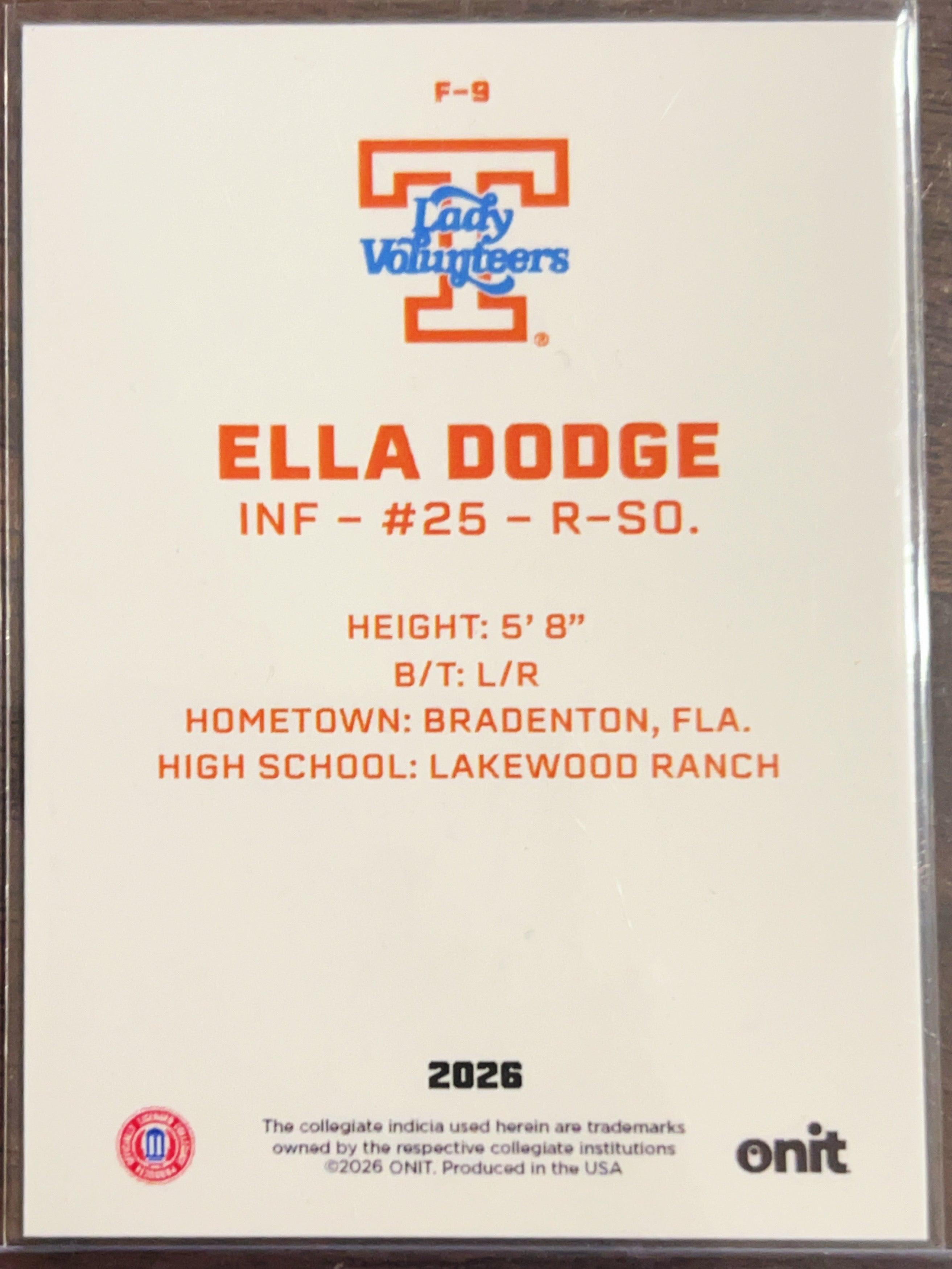 2026 ONIT Tennessee Lady Volunteers Ella Dodge #F-9