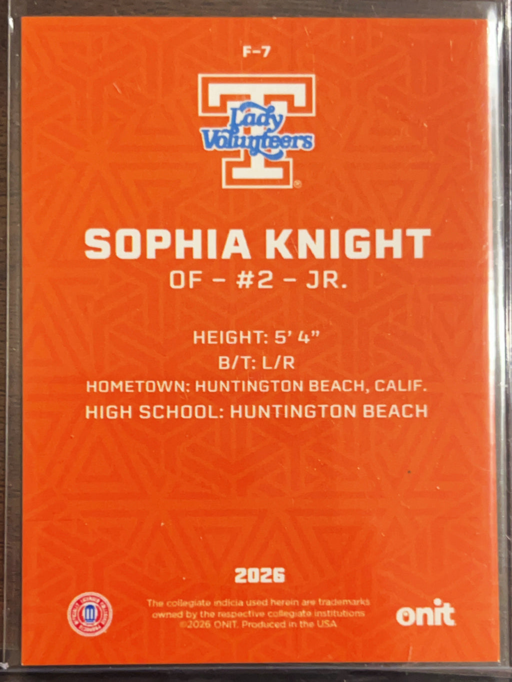 2026 ONIT Tennessee Lady Volunteers Sophia Knight #F-7