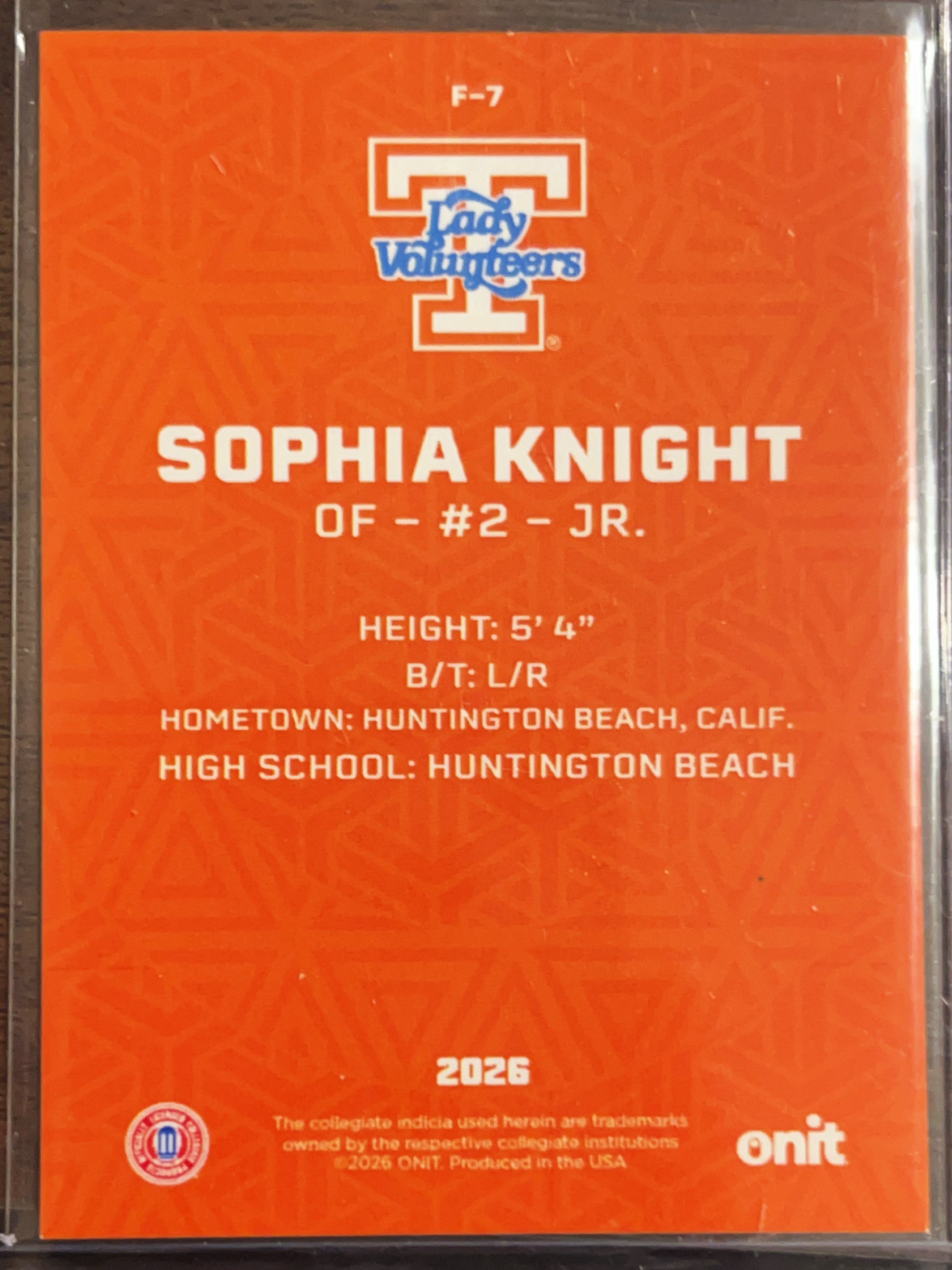 2026 ONIT Tennessee Lady Volunteers Sophia Knight #F-7
