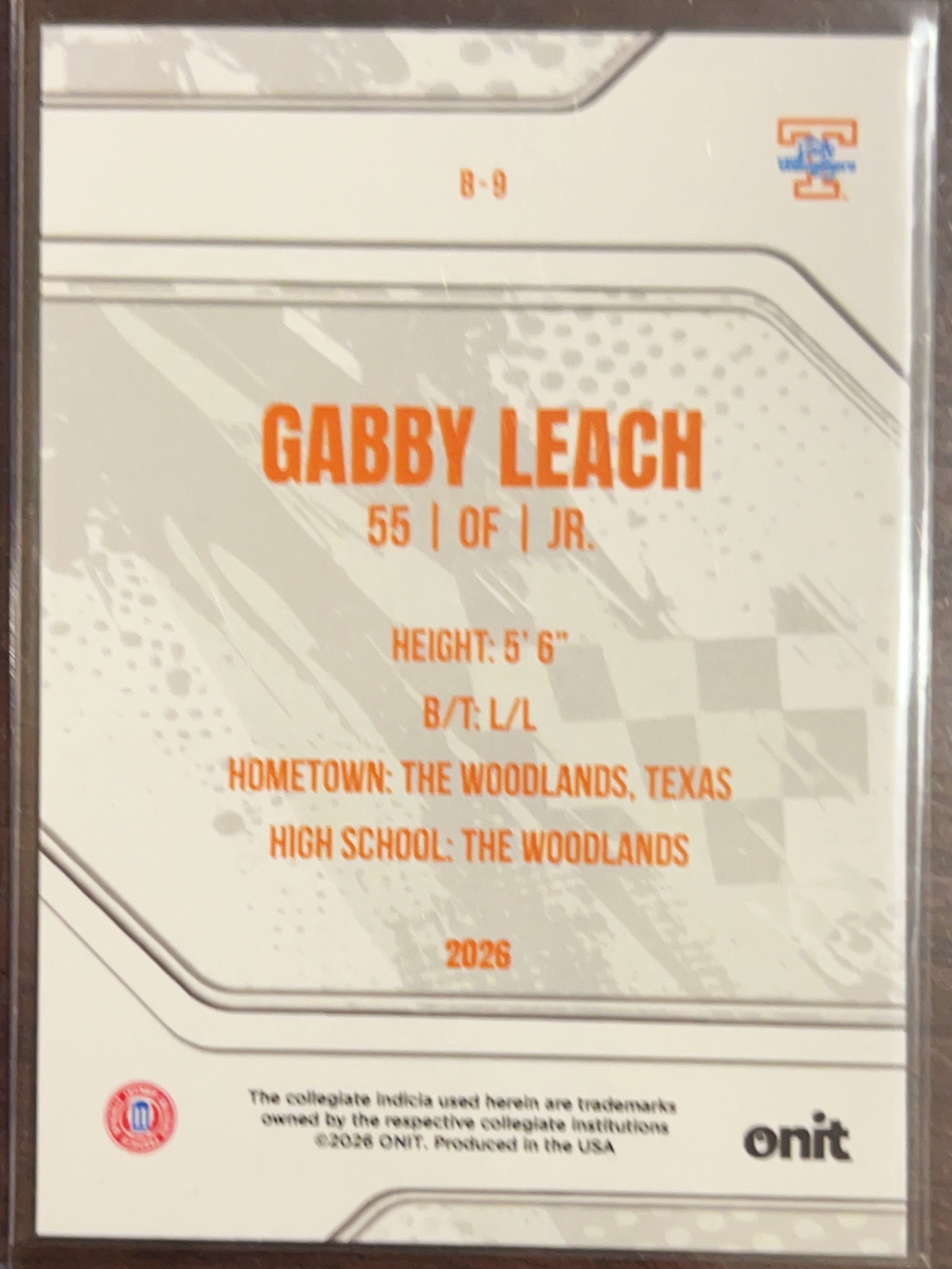 2026 ONIT Tennessee Lady Volunteers Softball Gabby Leach #B-9