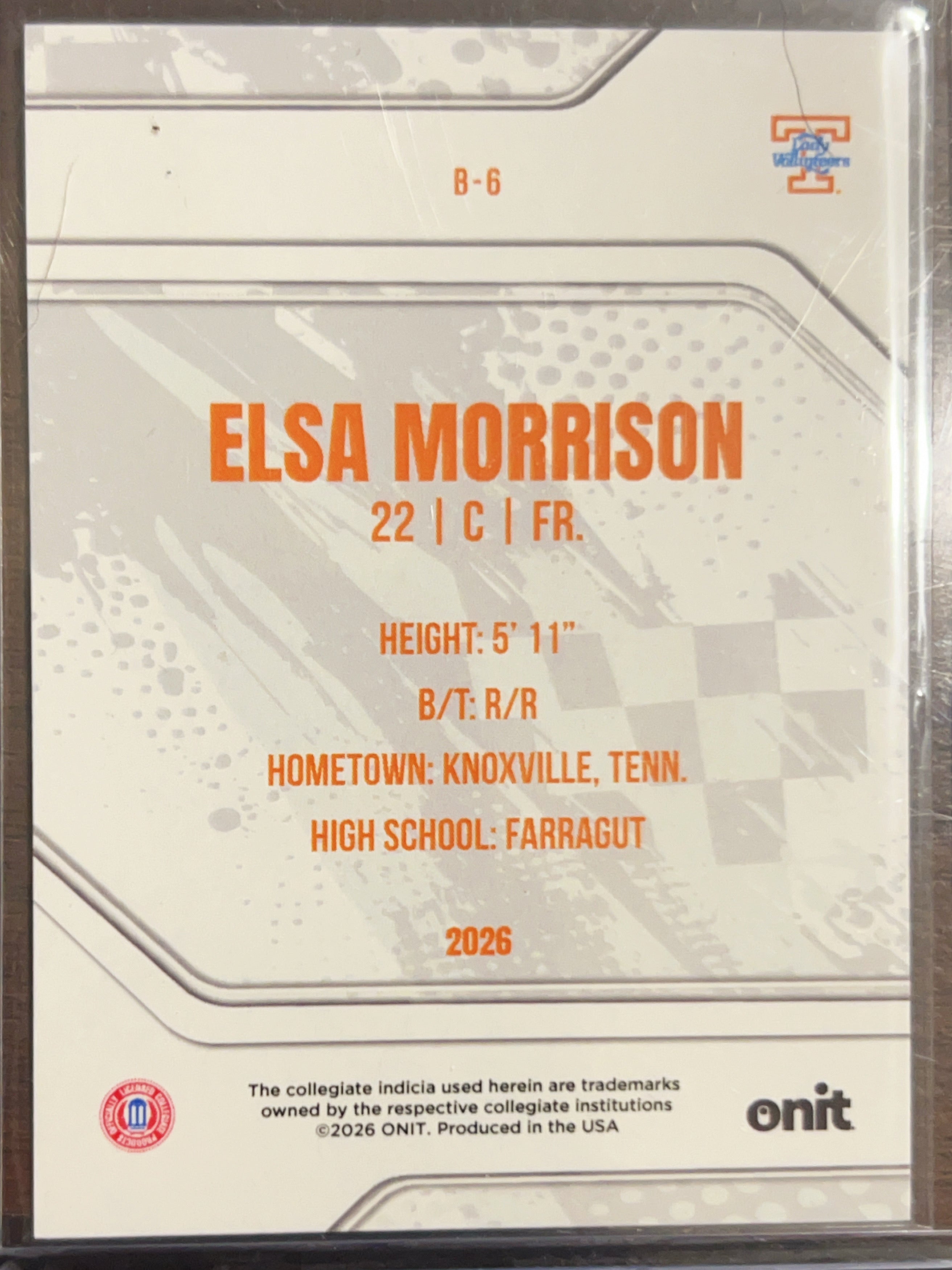 2026 ONIT Tennessee Lady Volunteers Elsa Morrison #B-6