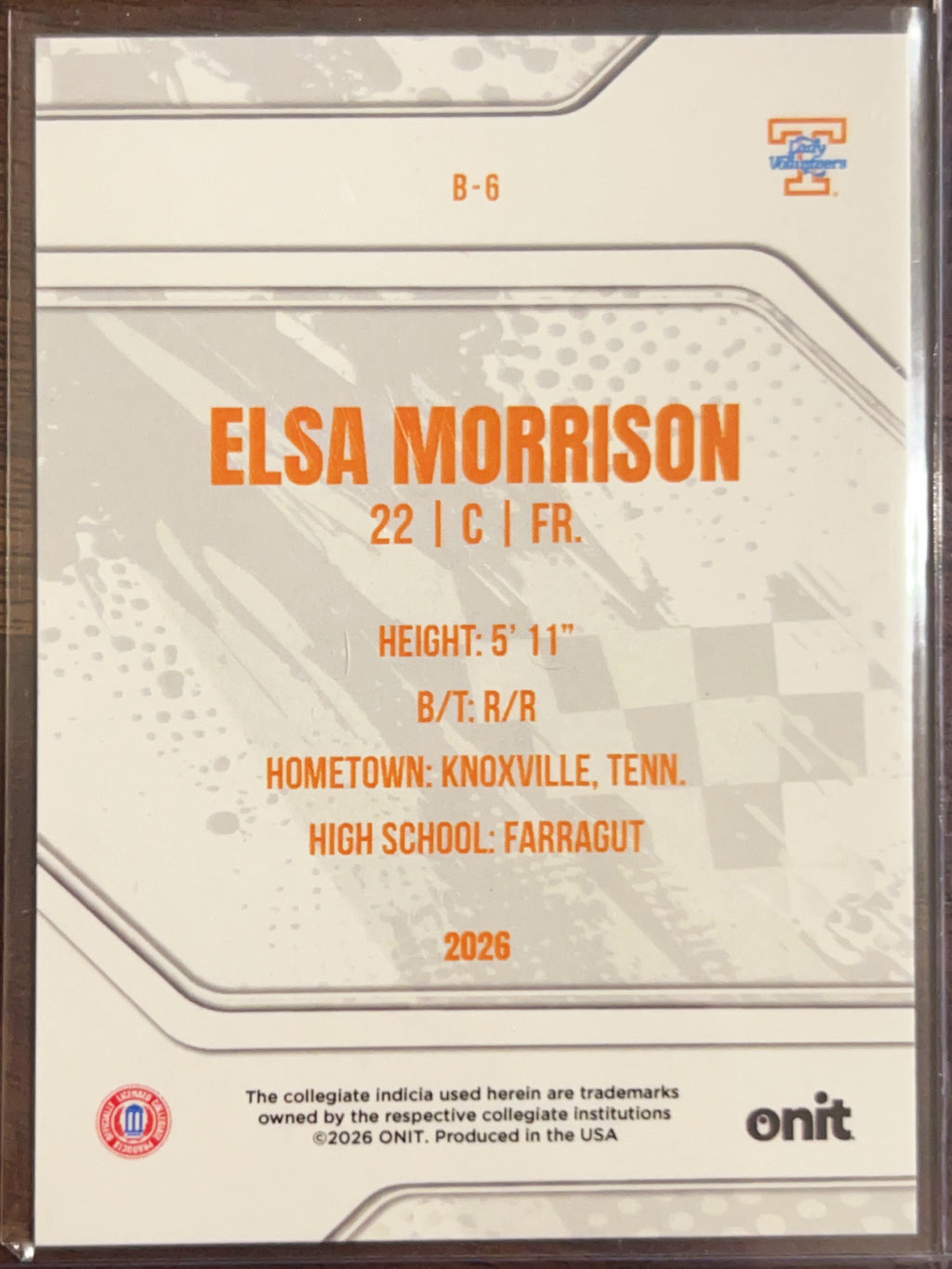2026 ONIT Tennessee Lady Volunteers Softball Elsa Morrison #B-6