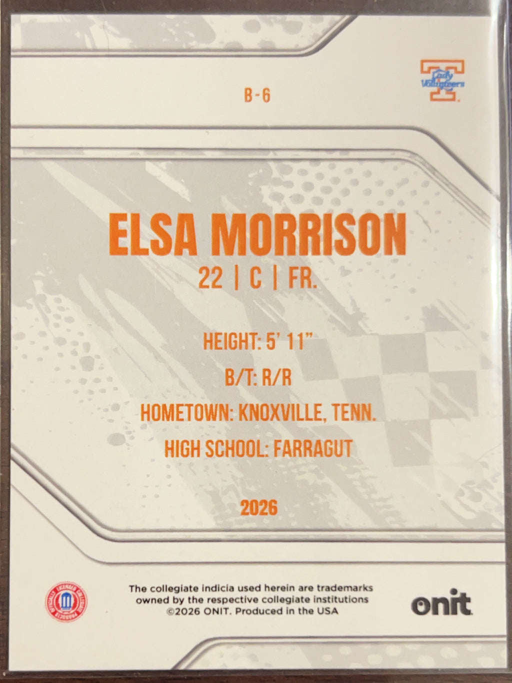 2026 ONIT Tennessee Lady Volunteers Elsa Morrison #B-6