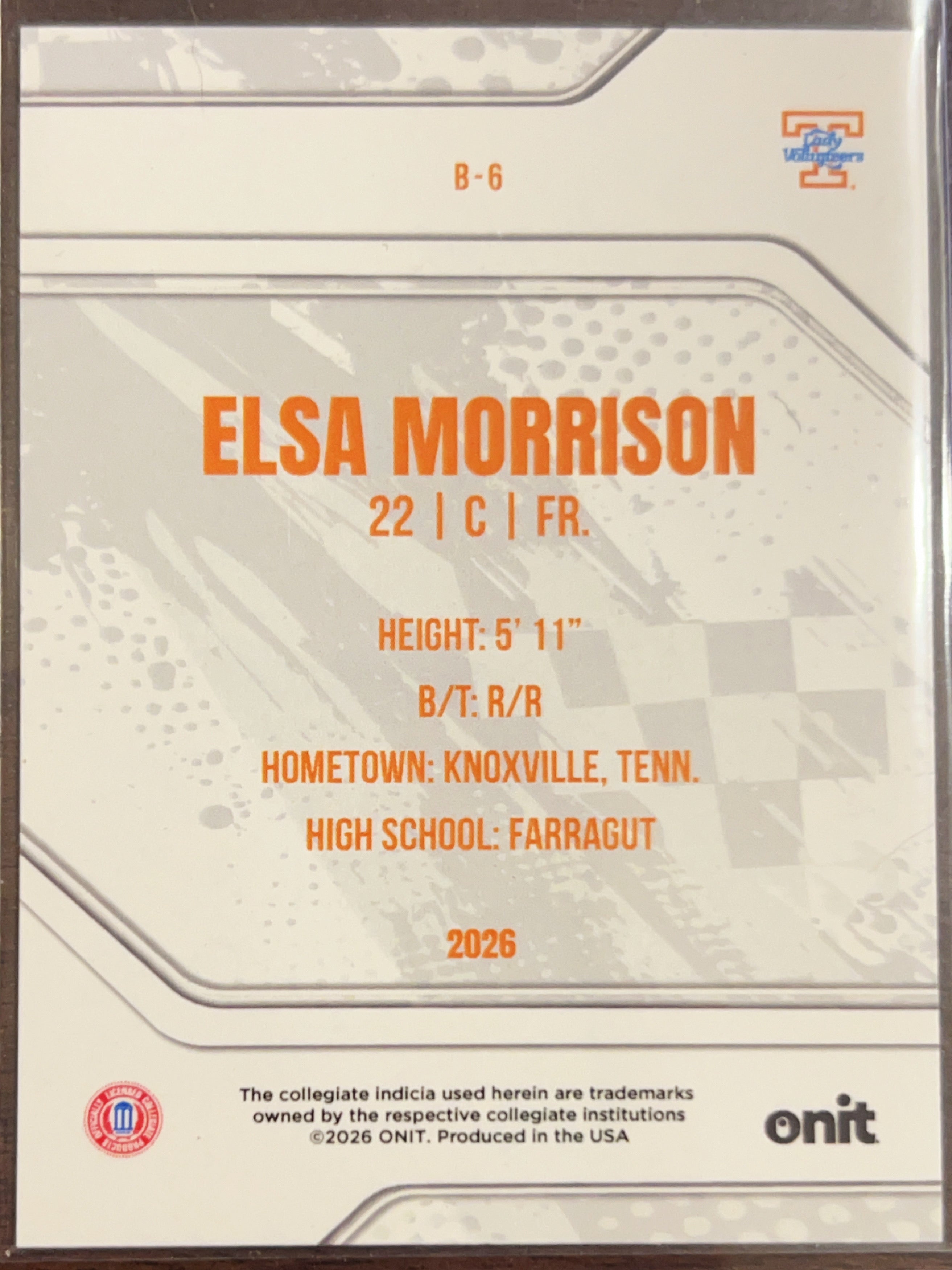2026 ONIT Tennessee Lady Volunteers Elsa Morrison #B-6