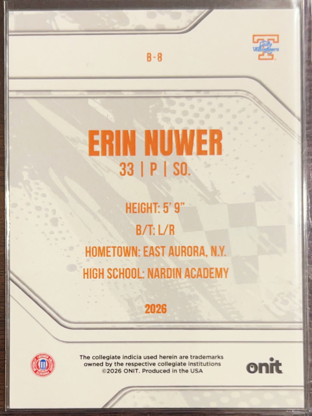2026 ONIT Tennessee Lady Volunteers Softball Erin Nuwer #B-8