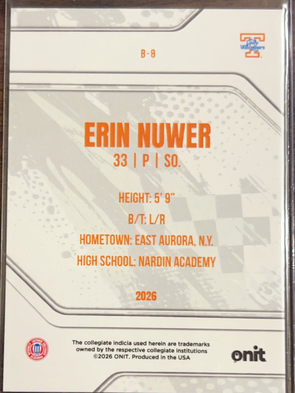 2026 ONIT Tennessee Lady Volunteers Erin Nuwer #B-8