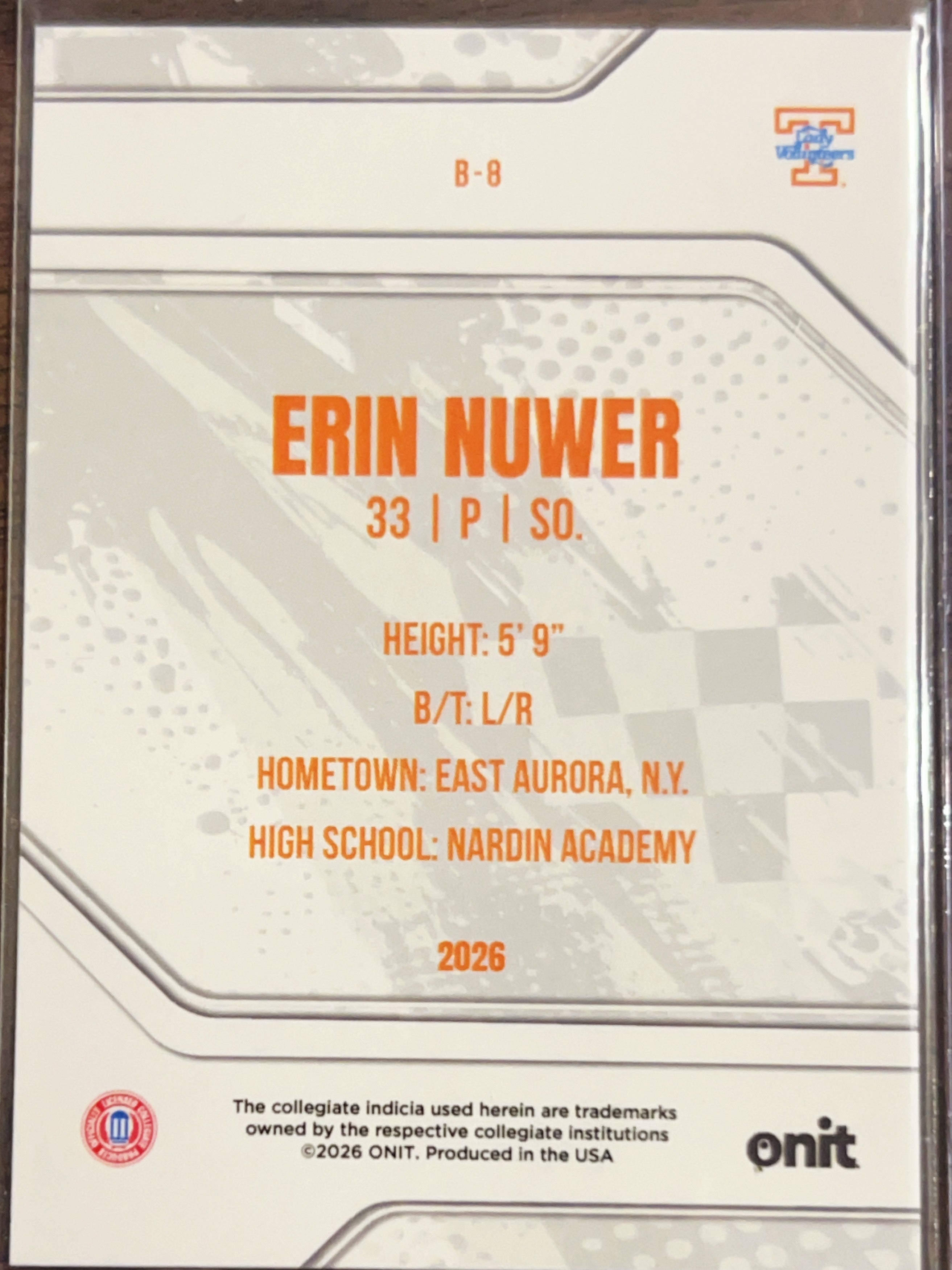 2026 ONIT Tennessee Lady Volunteers Erin Nuwer #B-8