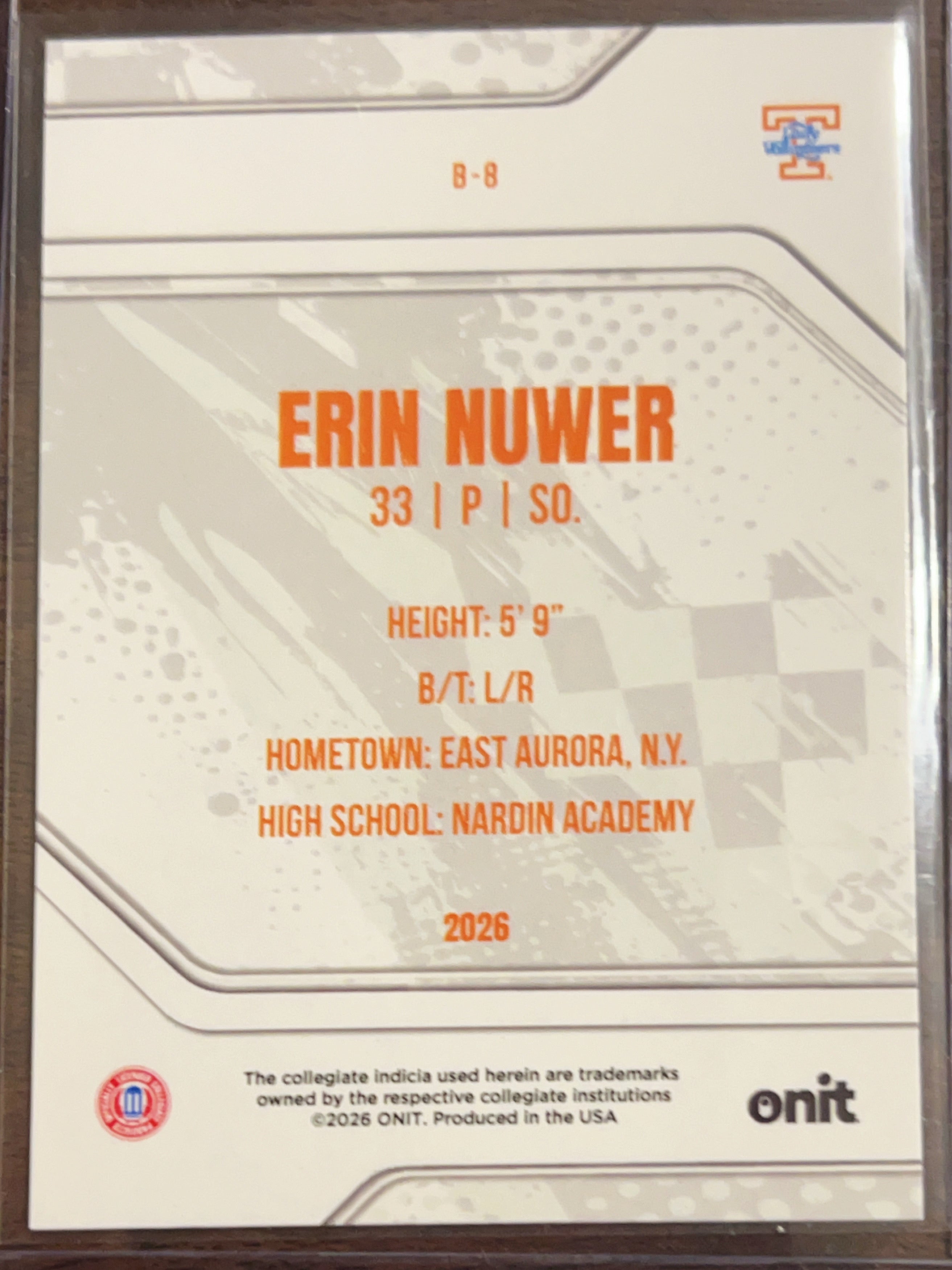 2026 ONIT Tennessee Softball Erin Nuwer #B-8