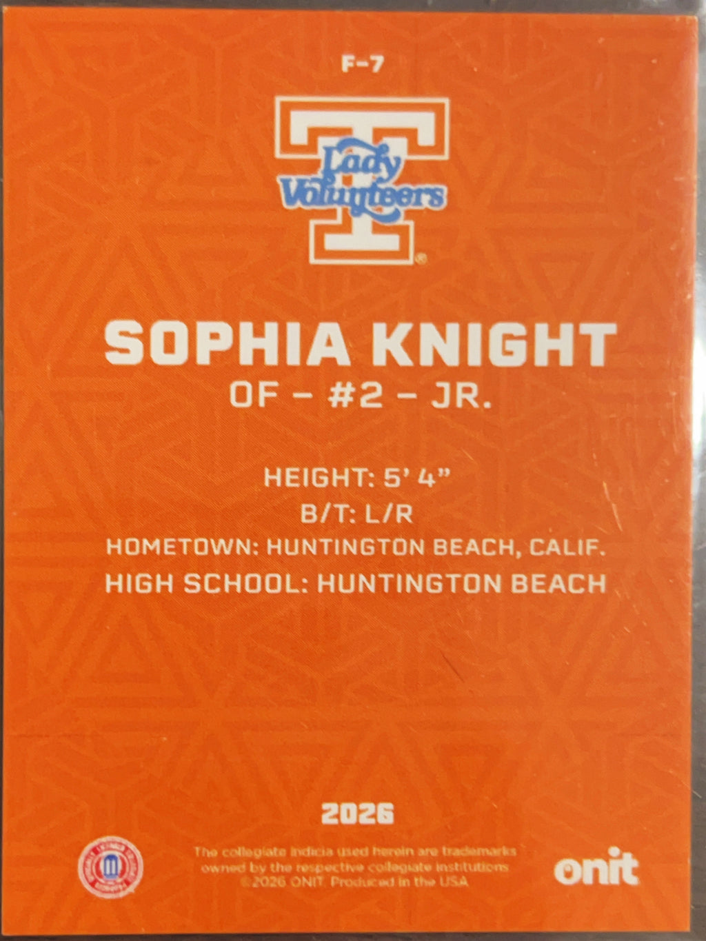 2026 ONIT Tennessee Lady Volunteers Sophia Knight #F-7 Orange Shimmer