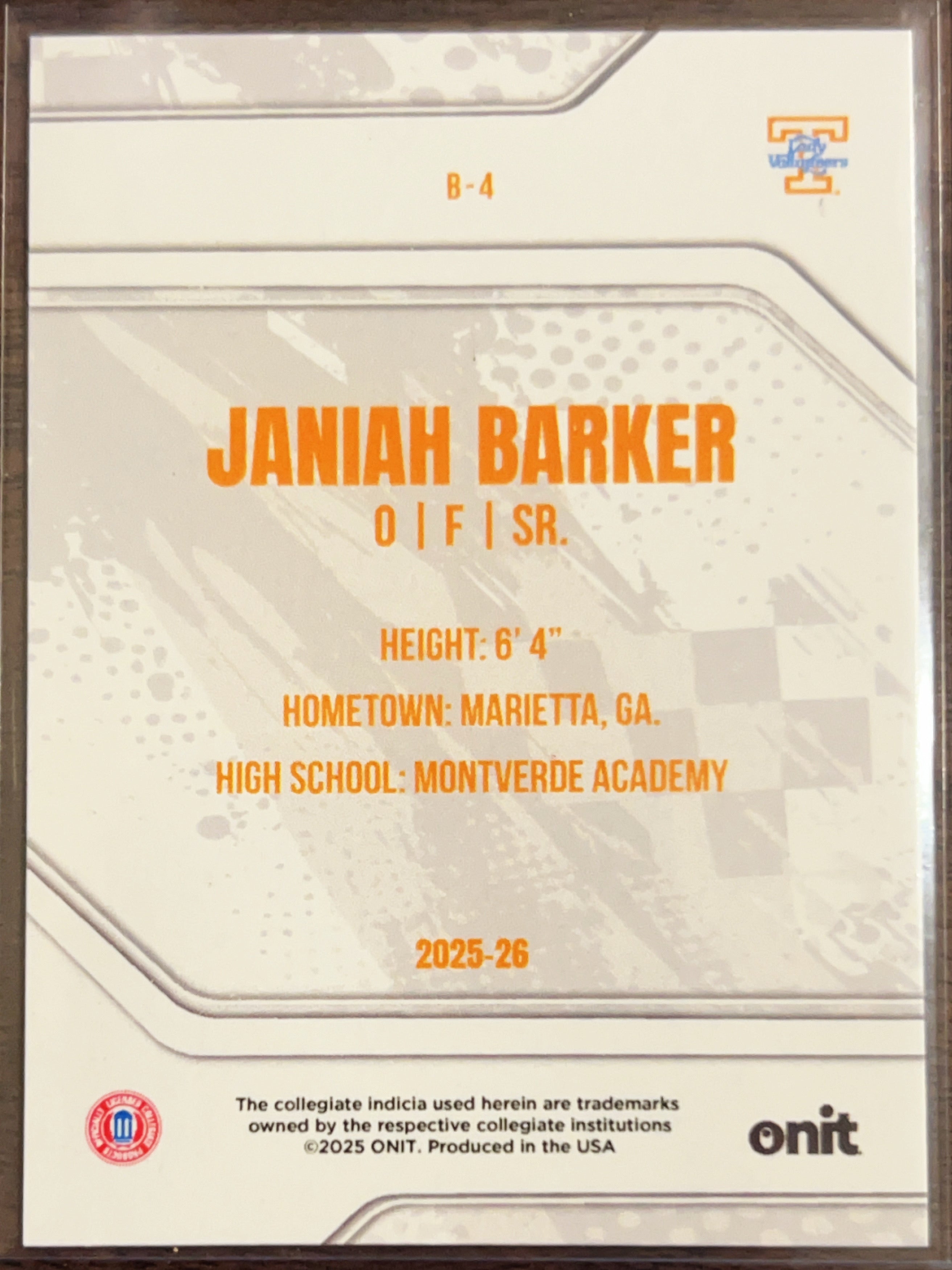 2025 ONIT Tennessee Lady Volunteers Janiah Barker #B-4 Purple Sparkle