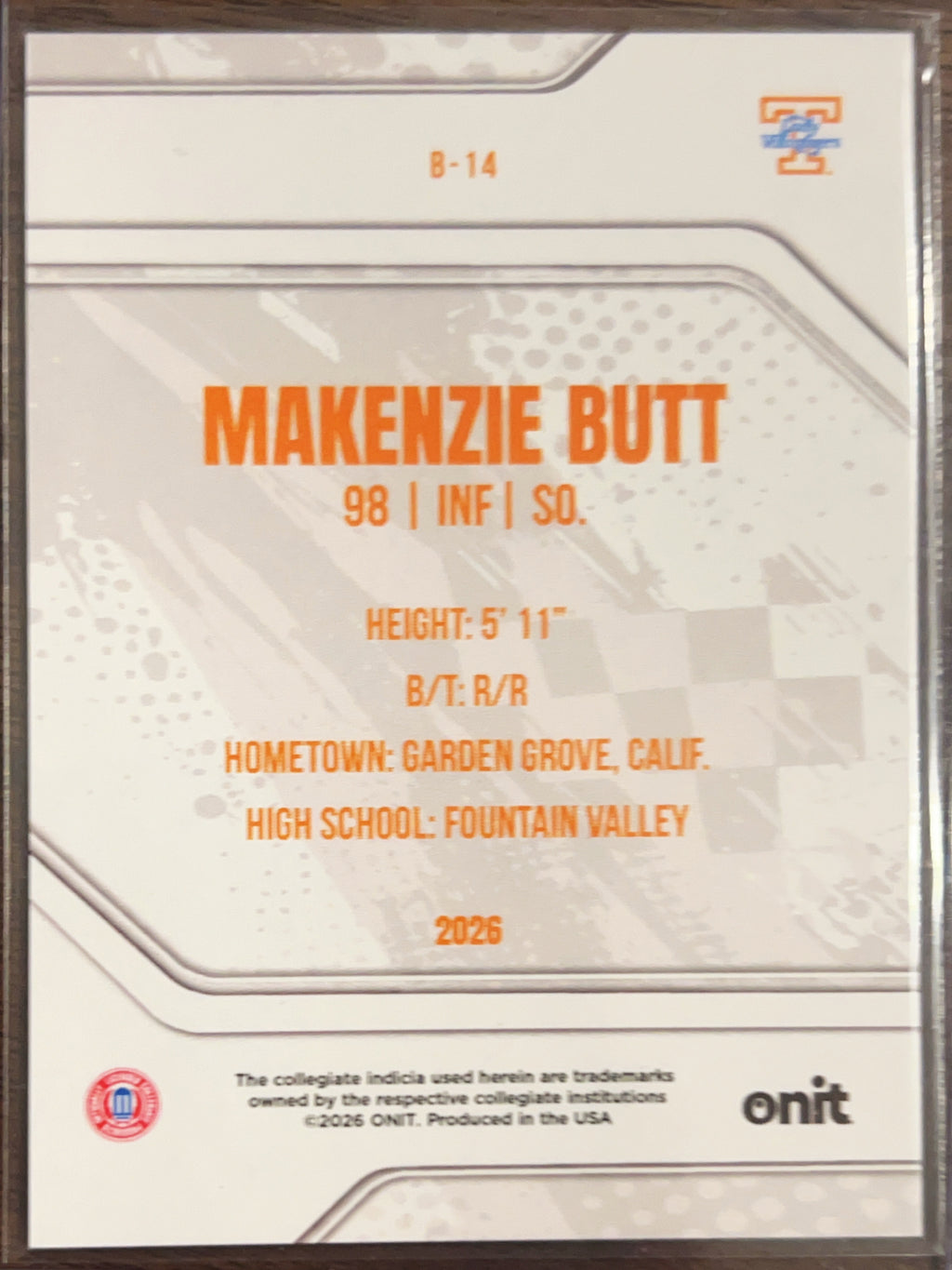 2026 ONIT Tennessee Softball Makenzie Butt #B-14 Cracked Ice /49