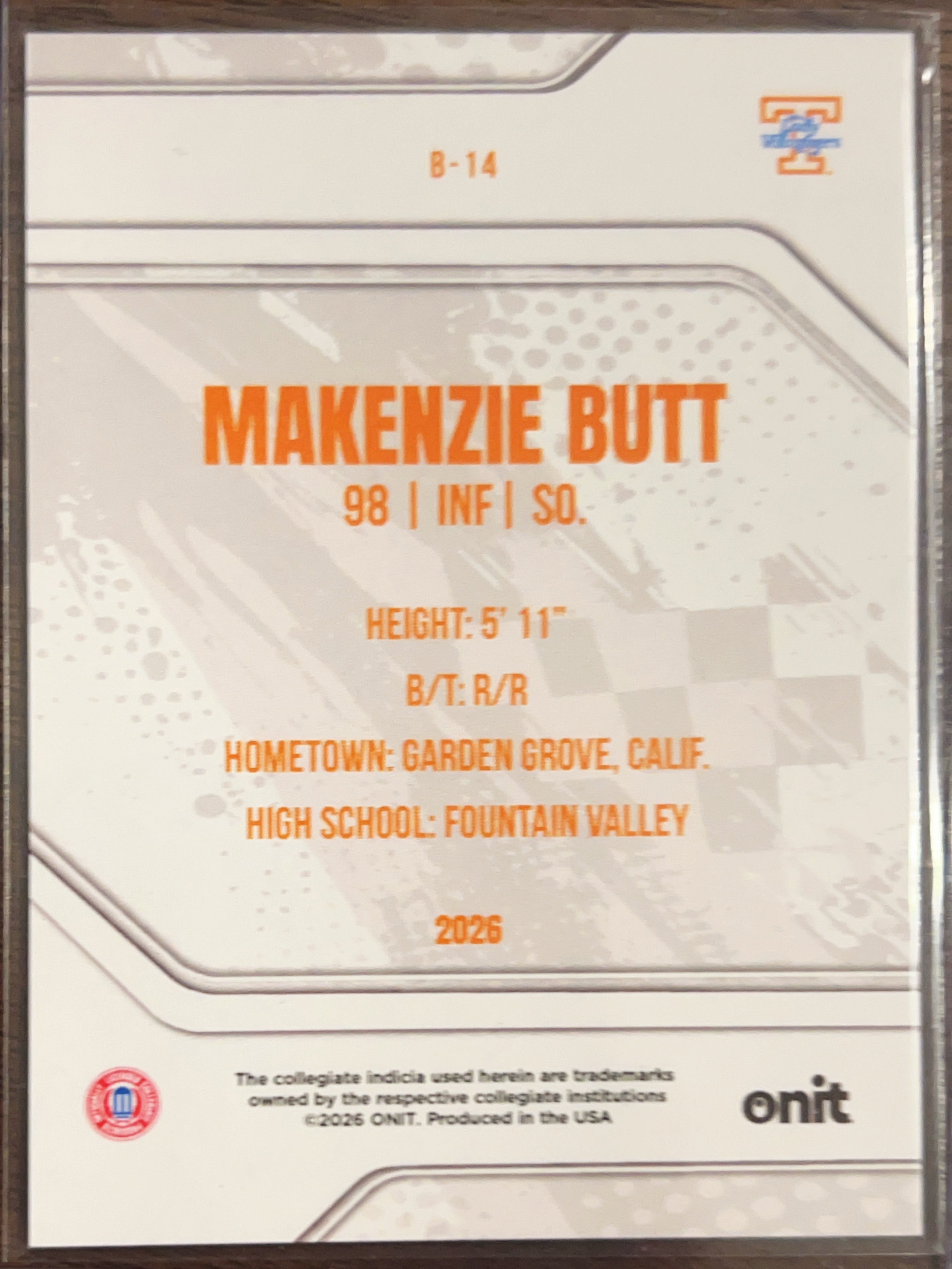 2026 ONIT Tennessee Softball Makenzie Butt #B-14 Cracked Ice /49