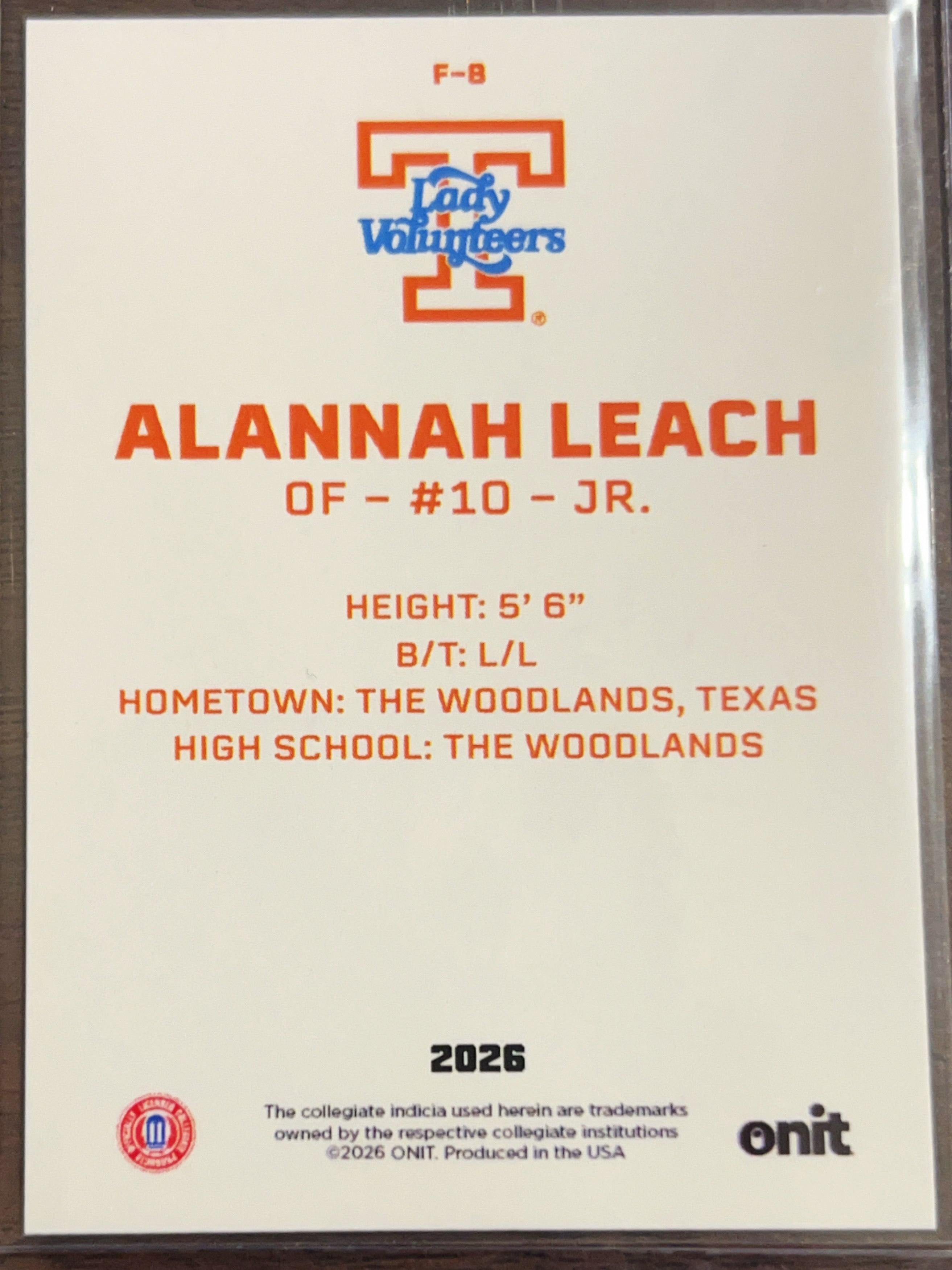 2026 ONIT Tennessee Lady Volunteers Alannah Leach #F-8