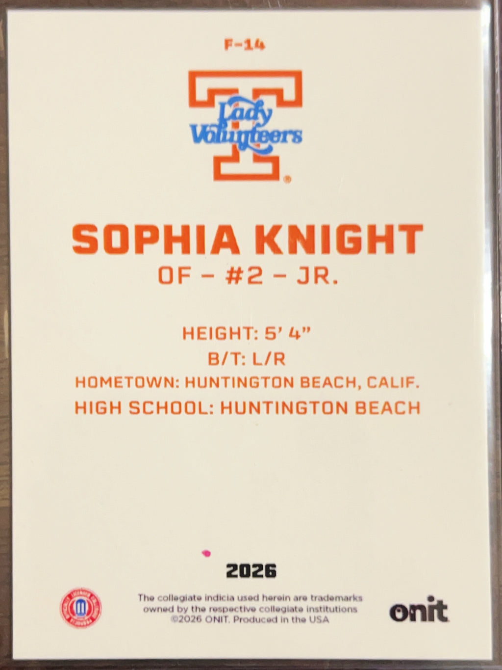 2026 ONIT Tennessee Lady Volunteers Softball Sophia Knight #F-14