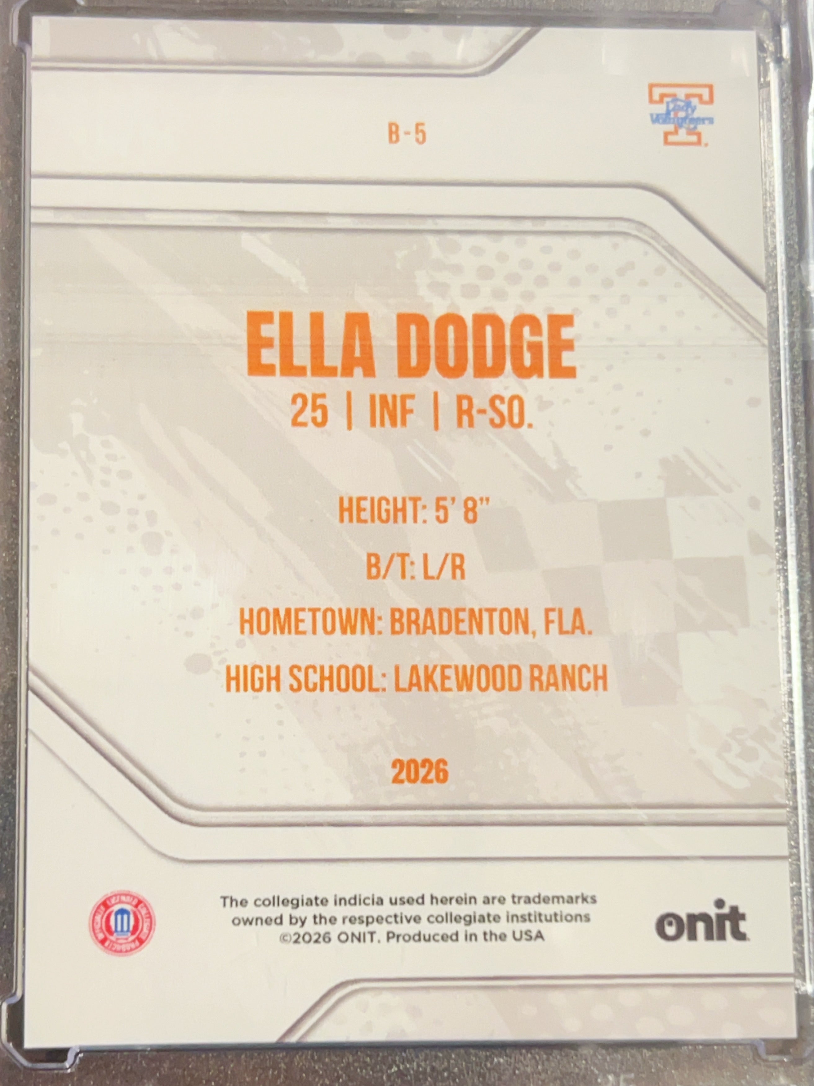 2026 ONIT Tennessee Lady Volunteers Softball Ella Dodge #B-5 Orange Sparkle /49
