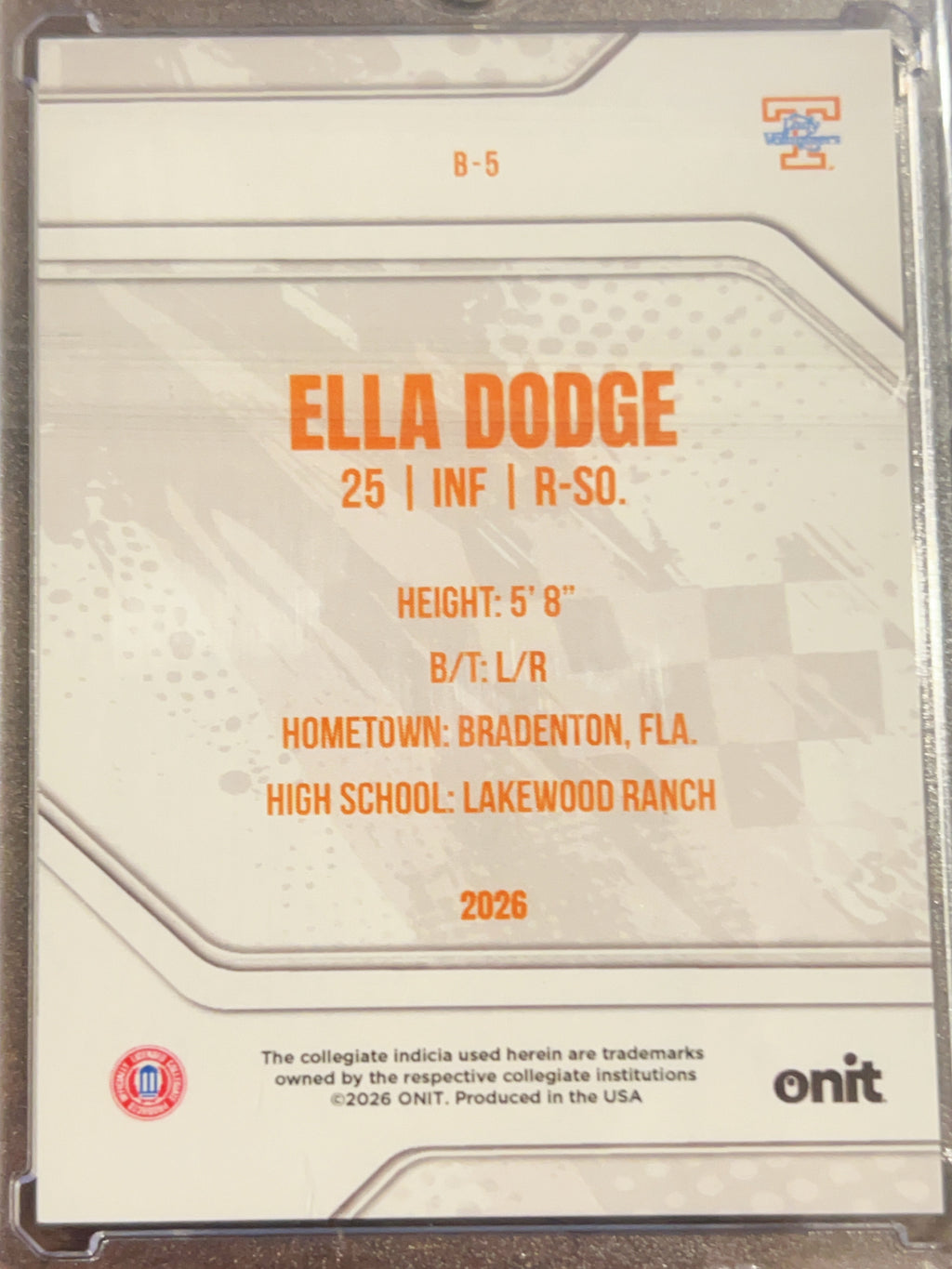 2026 ONIT Tennessee Lady Vols Softball Ella Dodge #B-5 Orange Sparkle /49