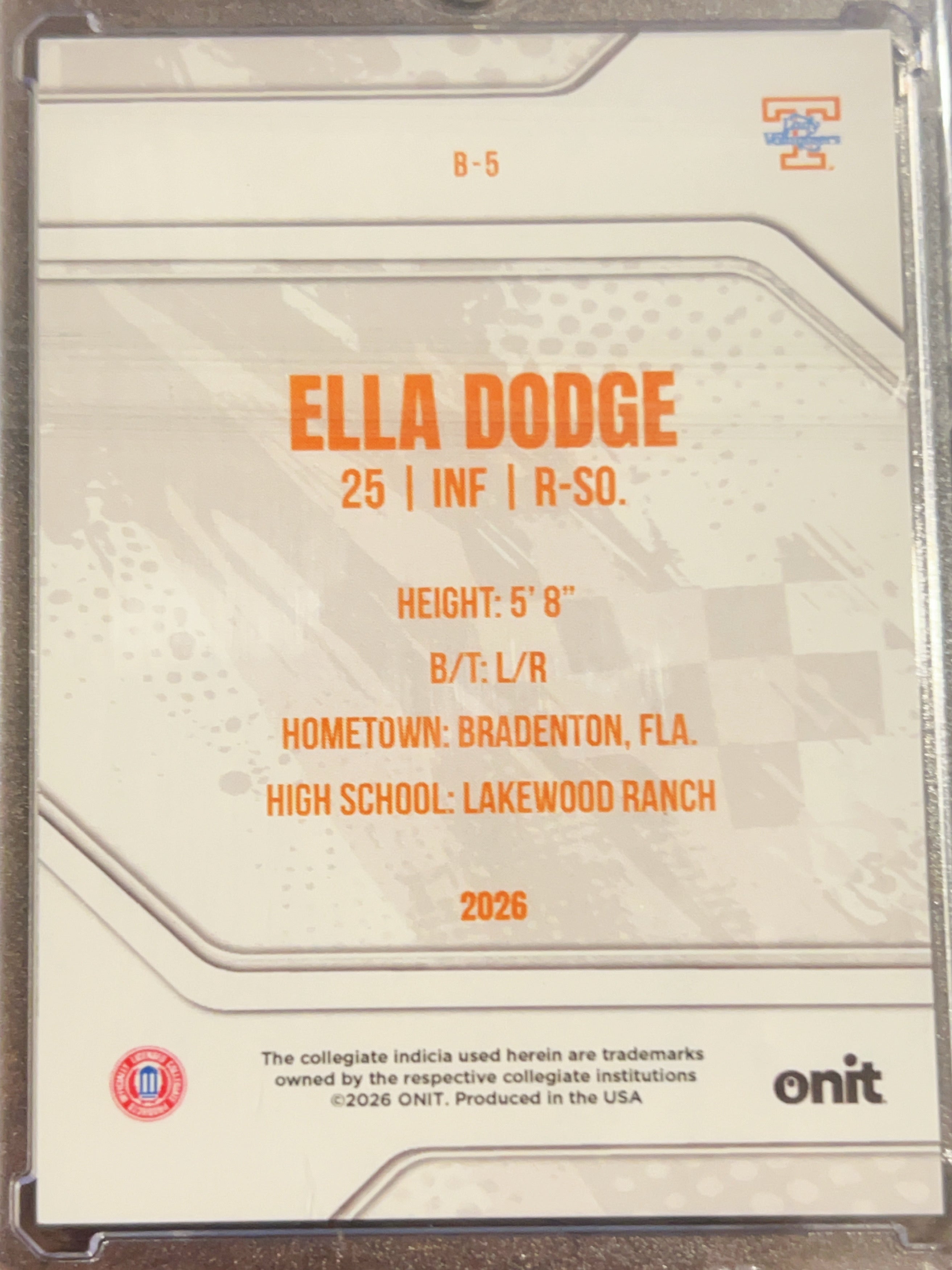 2026 ONIT Tennessee Lady Vols Softball Ella Dodge #B-5 Orange Sparkle /49