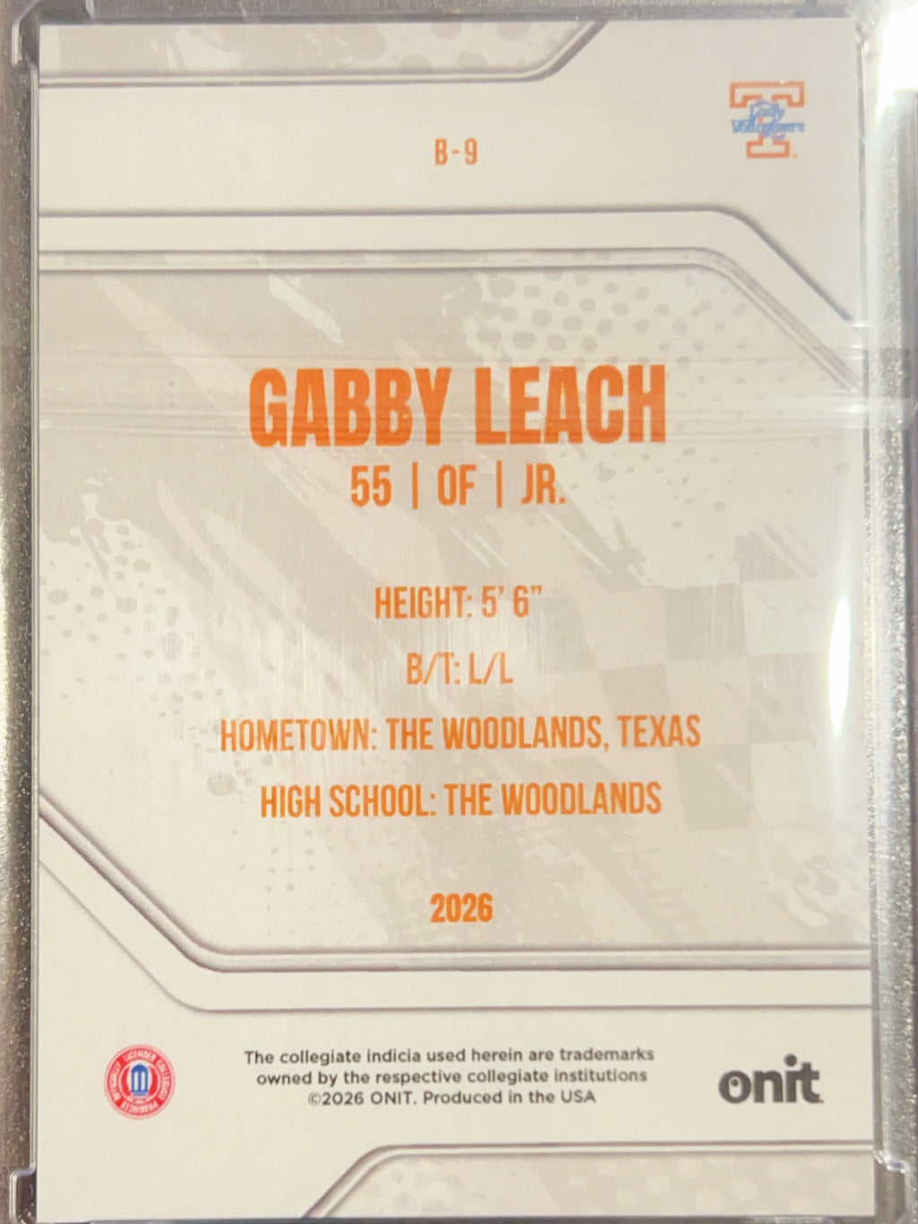 2026 ONIT Tennessee Softball Gabby Leach #B-9 Sparkle /49