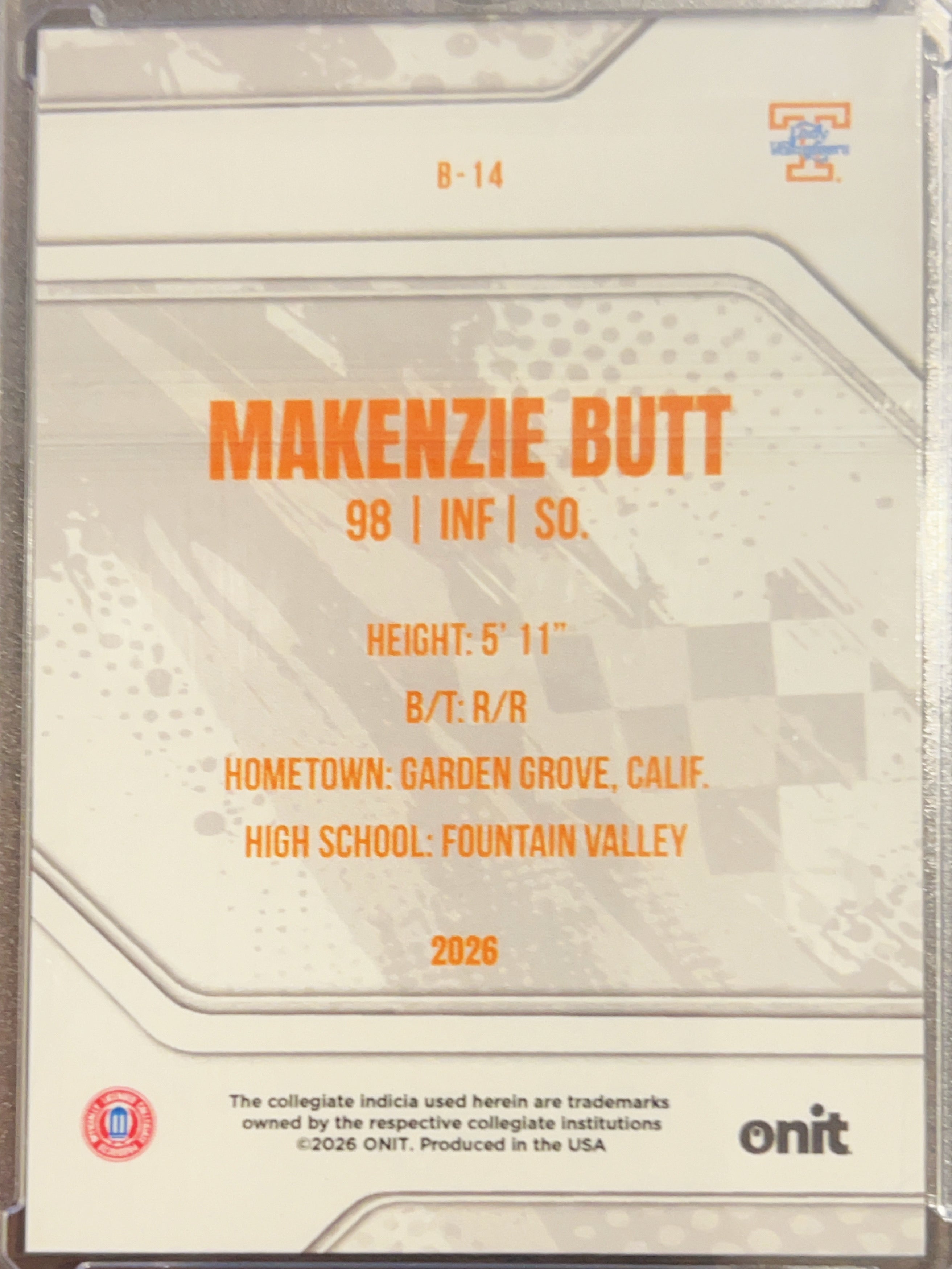 2026 ONIT Lady Vols Softball Makenzie Butt #B-14 Orange Circles Prizm /25