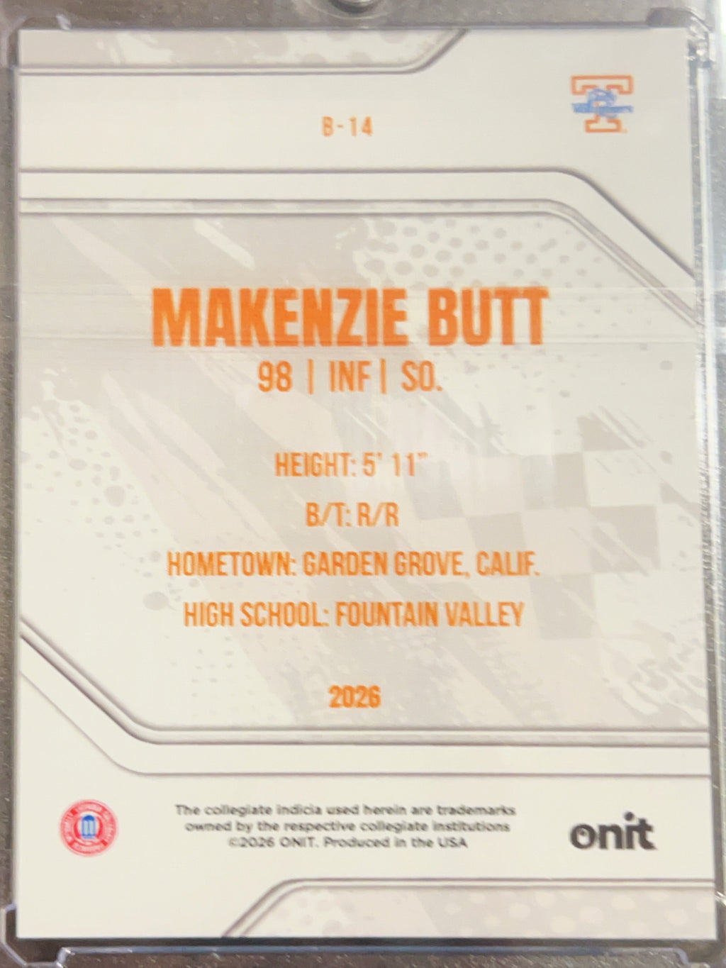 2026 ONIT Tennessee Lady Vols Softball Makenzie Butt #B-14 Orange Sparkle /49